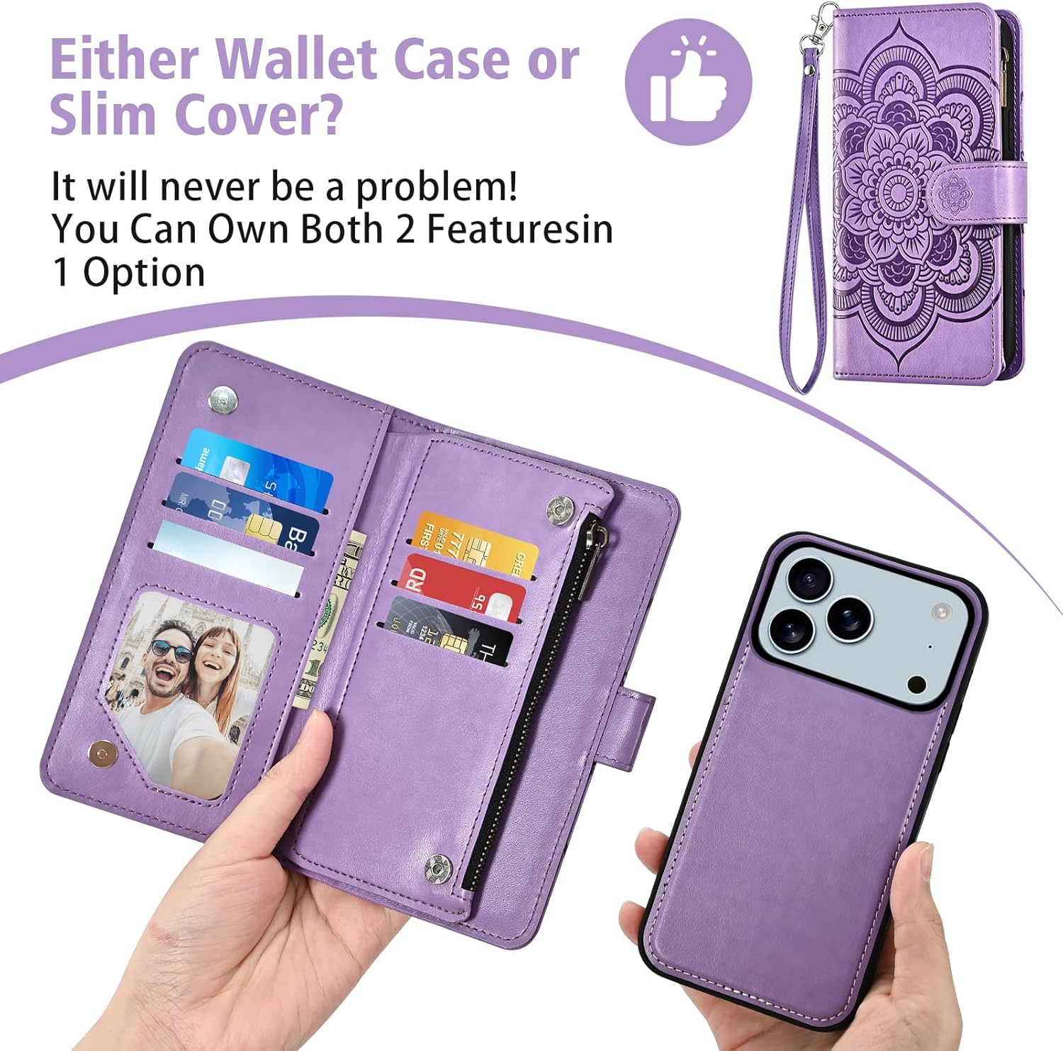 Thumbnail 4 de Asuwish Wallet Case for iPhone 17 Pro (6.3 inch) with Zipper, Detachable Straps and Tempered Glass Screen Protector