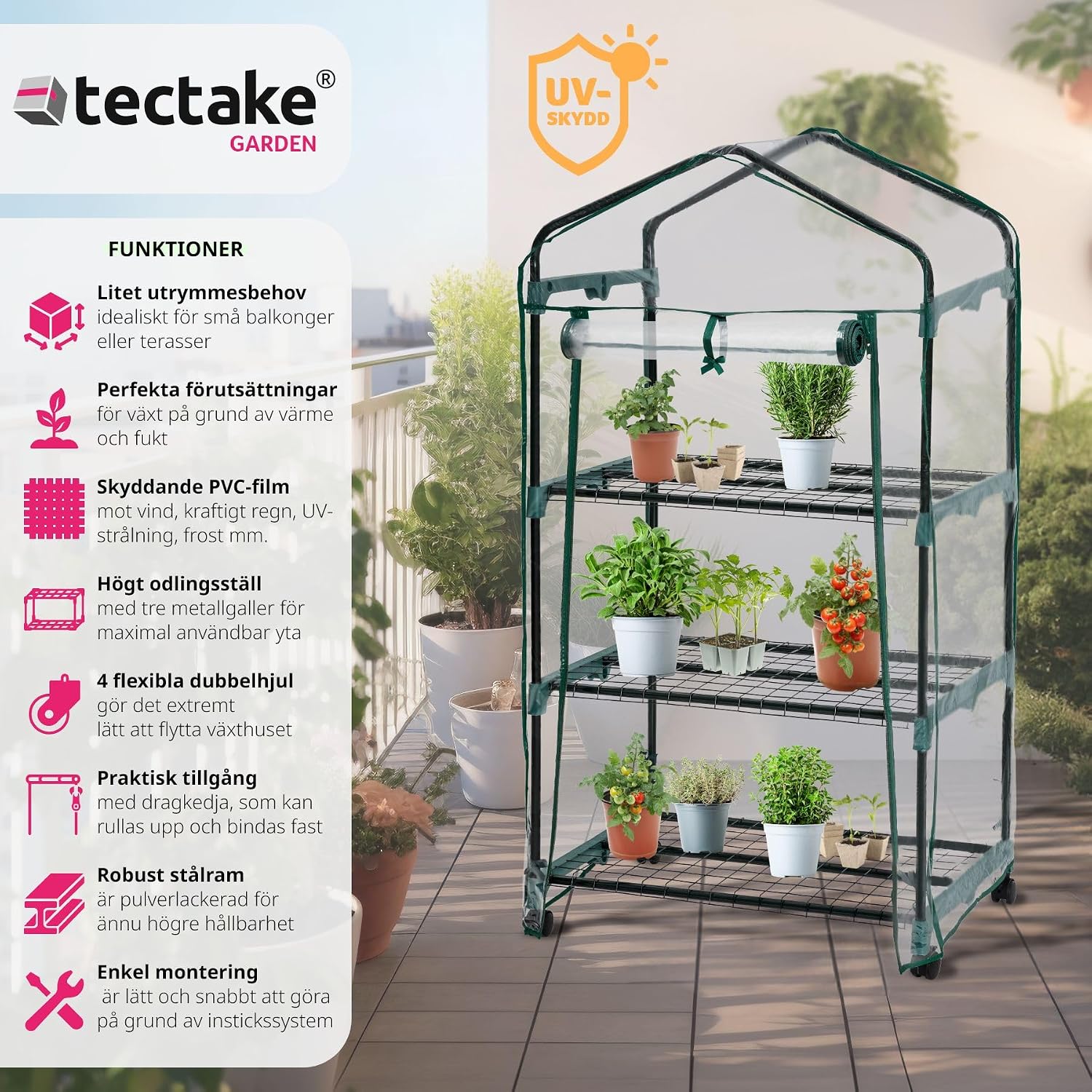 Detalle 2 de tectake 401862-SE flyttbart miniväxthus med tre hyllplan och PVC-folie