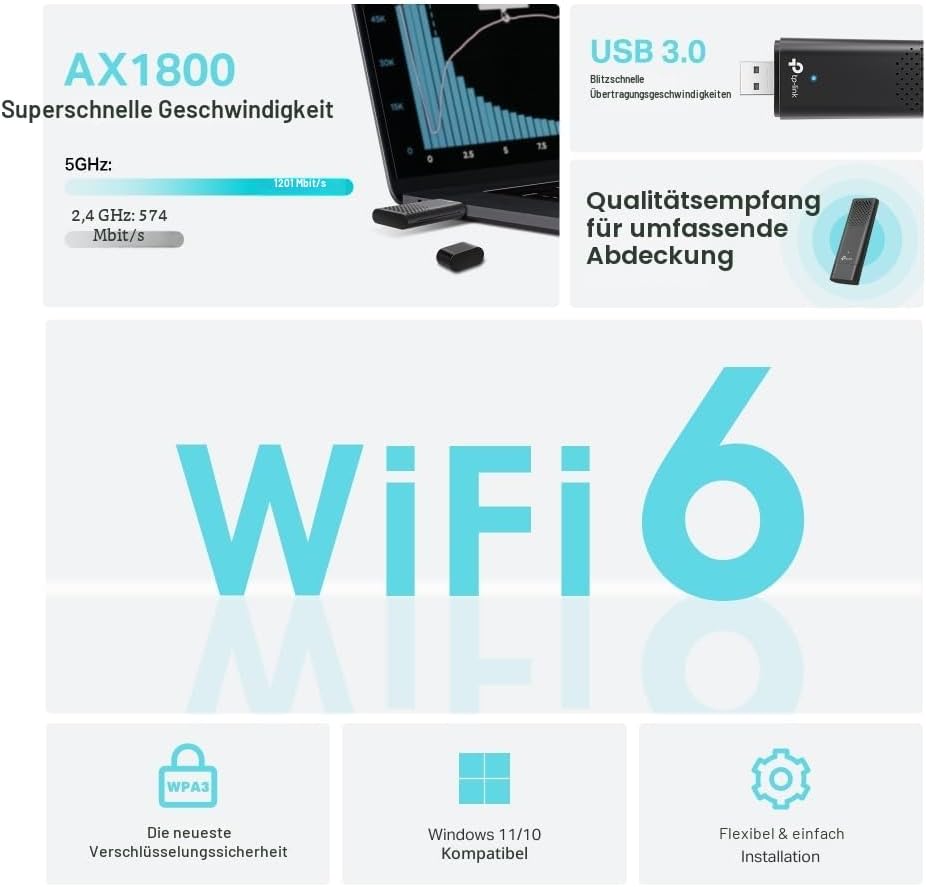 Detalle de TP-Link Archer TX20U WLAN-Stick für den PC (WiFi 6, Dualband bis 1.800 Mbit/s, USB 3.0) mit WPA3