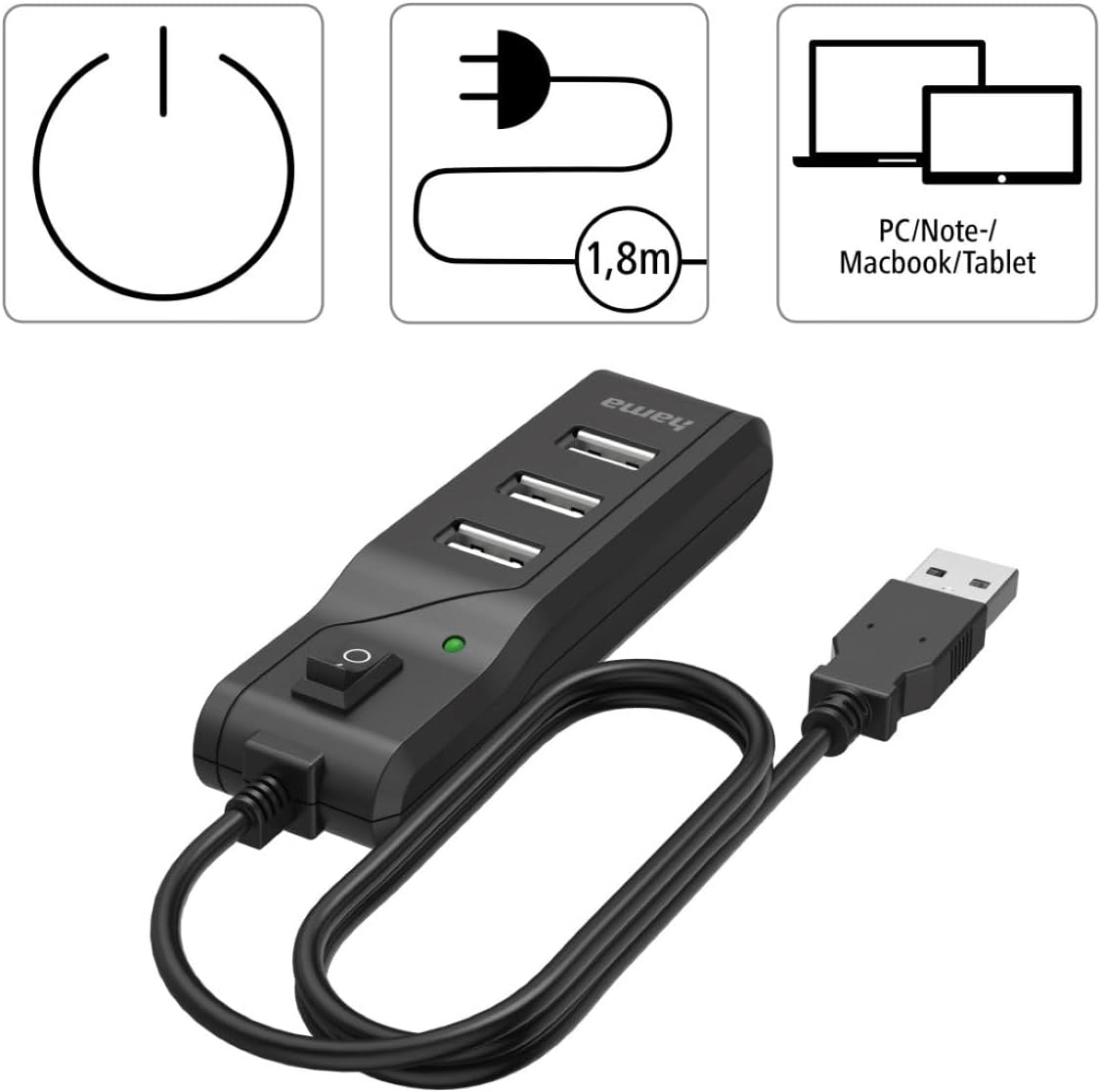 Thumbnail 1 de Hama Hub USB multiport Data 4 ports USB 2.0 (jusqu’à 480 Mbit/s) avec interrupteur, noir