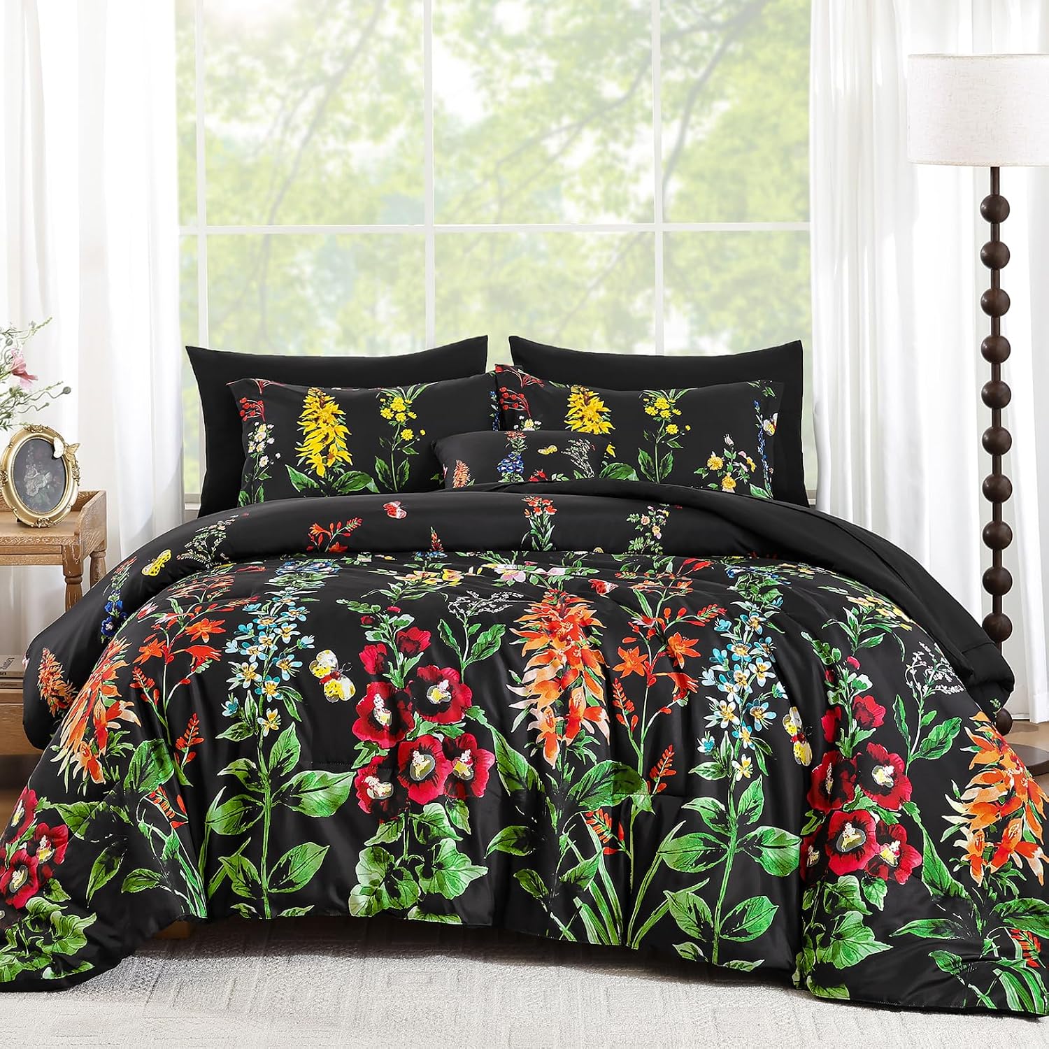 Detalle de WONGS BEDDING Floral Comforter Set Queen Size – 8-Piece Botanical Reversible Bedding