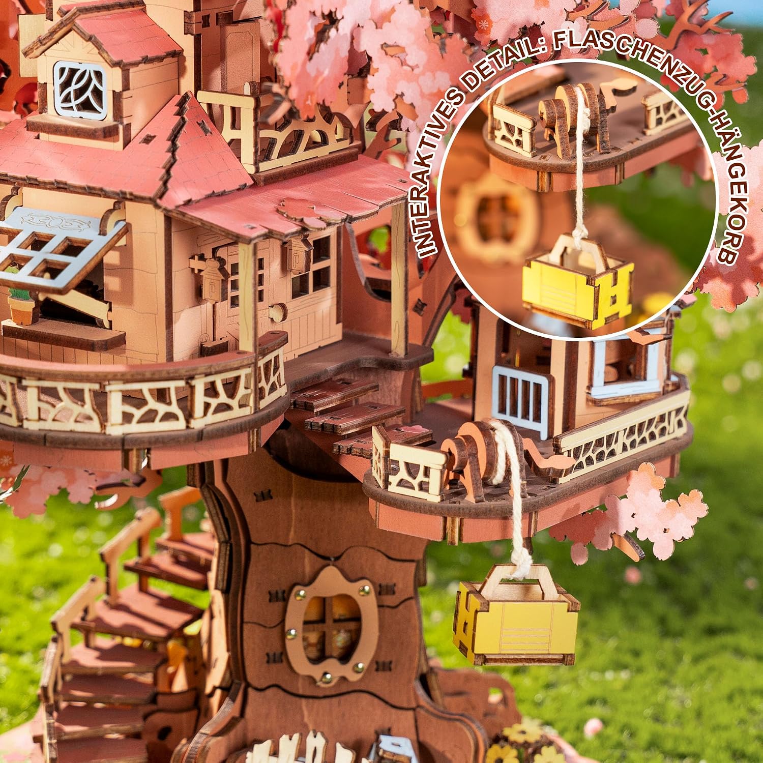 Detalle de Rolife Sakura Baumhaus – 3D-Puzzle aus Holz, 535 Teile, glitzernde Kirschblüten