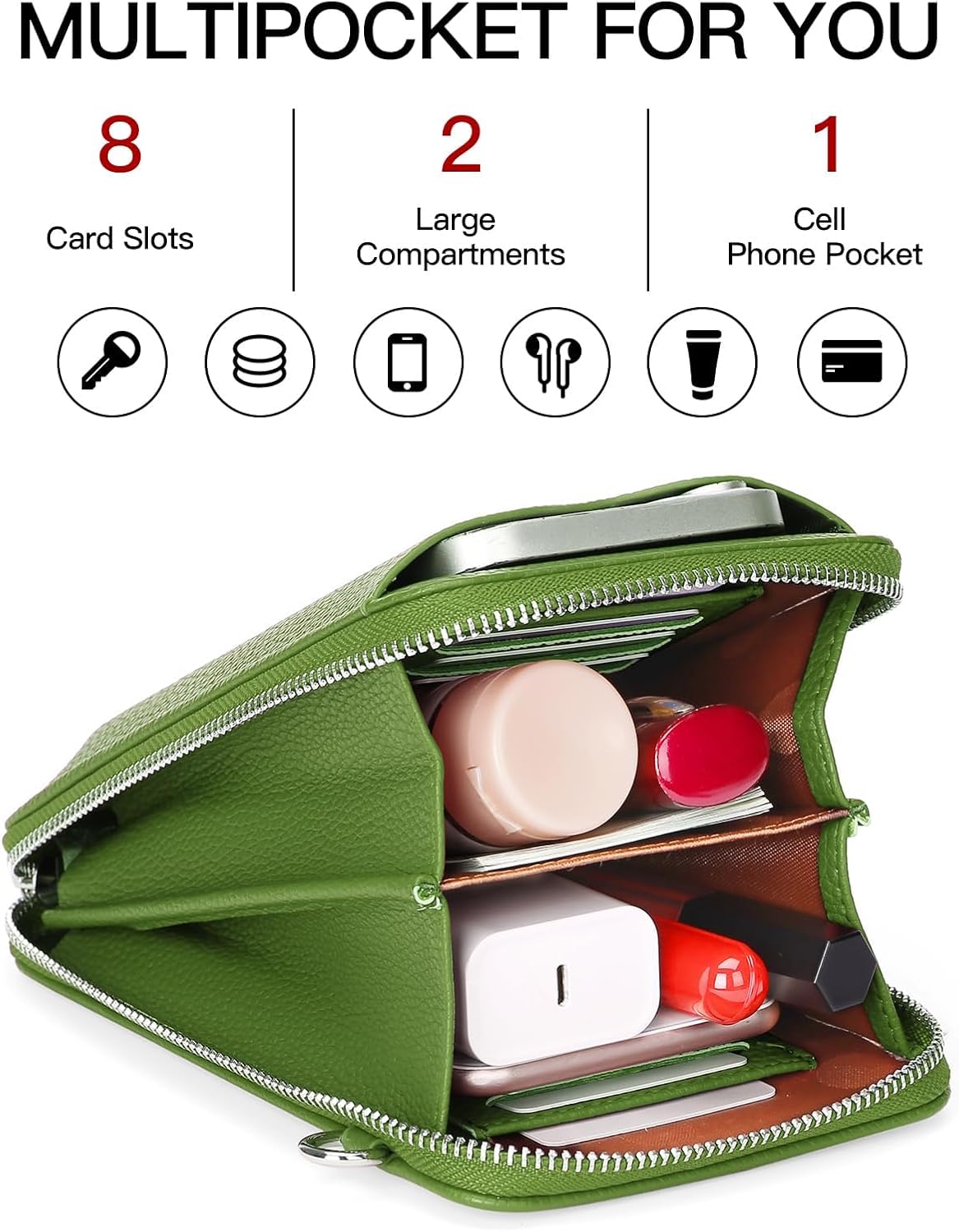 Detalle de FALAN MULE Crossbody Phone Bag for Women – Leather, RFID Blocking, 8 Card Slots