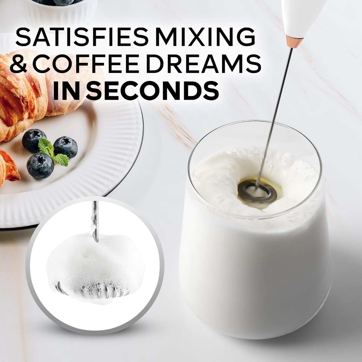 Thumbnail 1 de Zulay Kitchen Powerful Milk Frother Wand (White & Rose Gold) with 4 AA Duracell Batteries