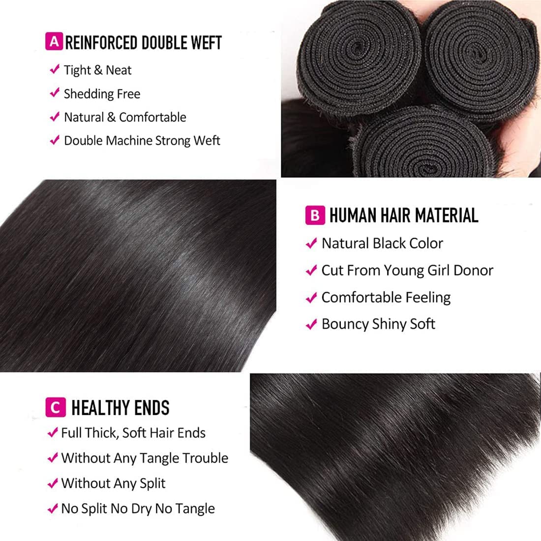 Thumbnail 1 de Straight Bundles Human Hair 16-Inch Brazilian Straight Hair Bundles (16/16/16) — 100% Unprocessed Virgin Hair Weave