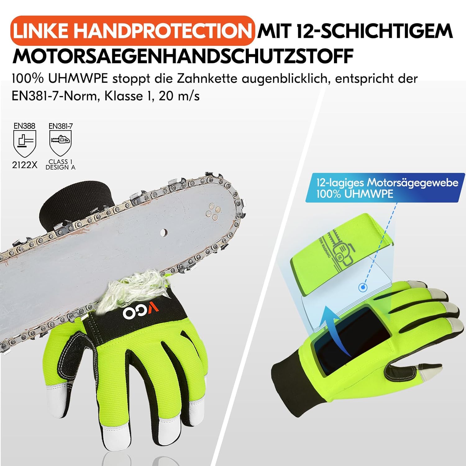 Detalle 2 de Vgo... 12-Schicht Kettensägenhandschuhe GA9767CS (1 Paar) mit UHMWPE-Patches & Ziegenleder