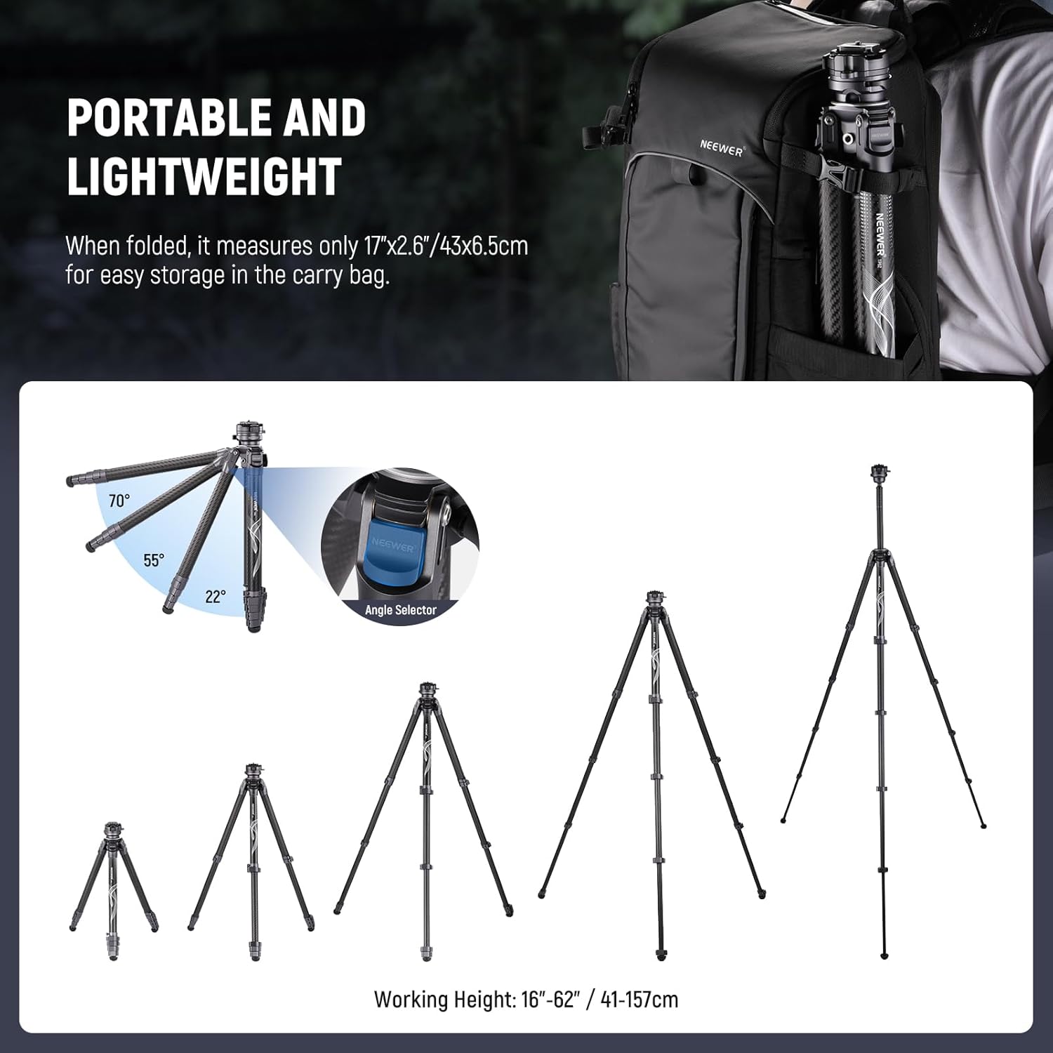Detalle de NEEWER LITETRIP LT32 62" Travel Tripod Carbon Fibre