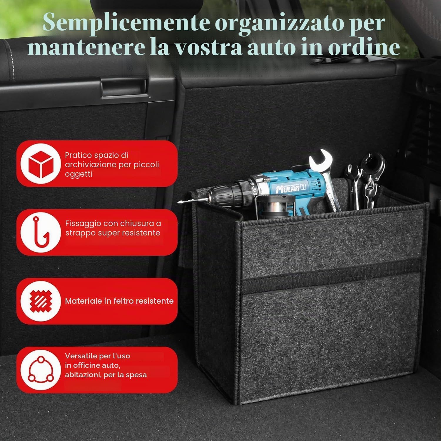 Detalle 2 de Einesin Borsa organizer per bagagliaio auto con pannelli laterali rinforzati in feltro nero