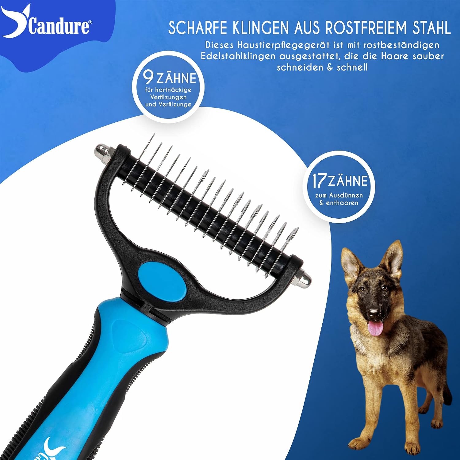 Thumbnail 6 de Candure Professionelle Hunde- und Katzenbürste – Doppel-Seitenkamm für langes Fell, 9 + 17 Zähne, blau