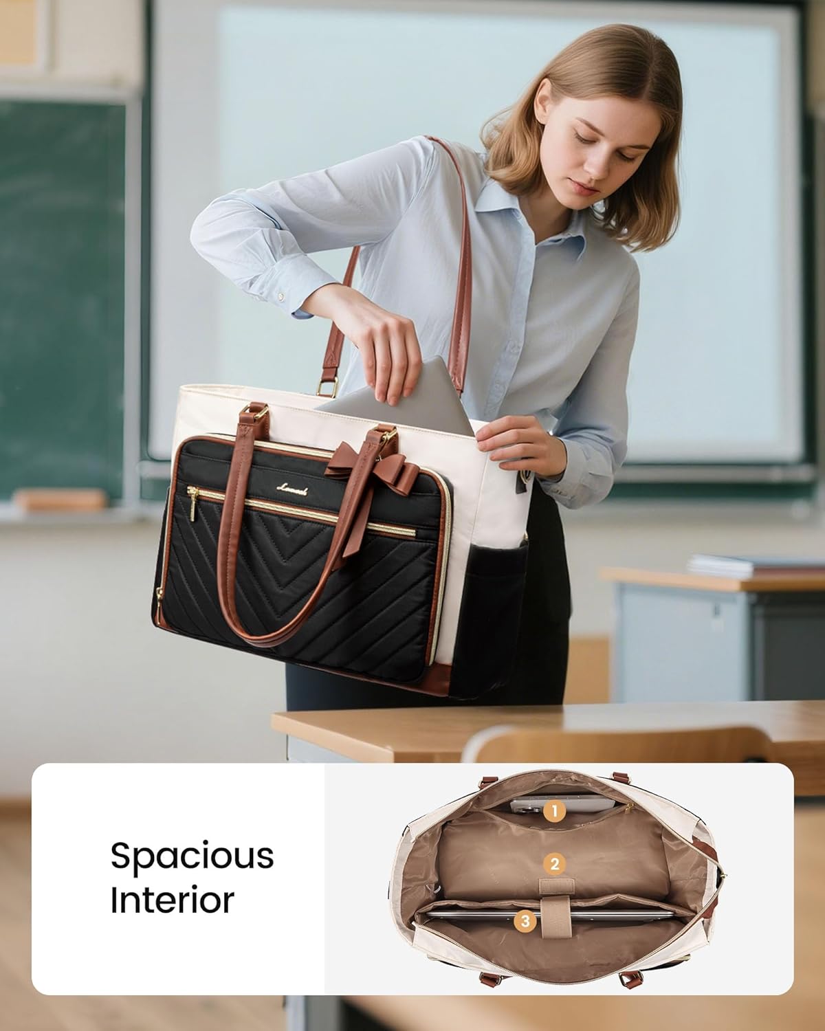 Thumbnail 2 de LOVEVOOK Lunch Bag Tote for Women with Insulated Compartment, Laptop Pocket (Fits 17.3-Inch) & Cup Holder, Black-Beige-Brown