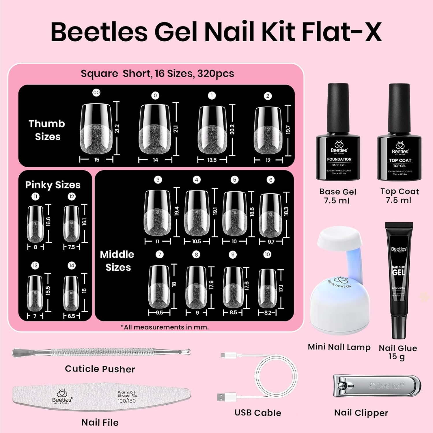Detalle de Beetles Gel Nail Kit Flat-X: 320 Tips, 15g Glue Gel, Base & Top Coats + Mini Lamp – DIY Home Extension Set