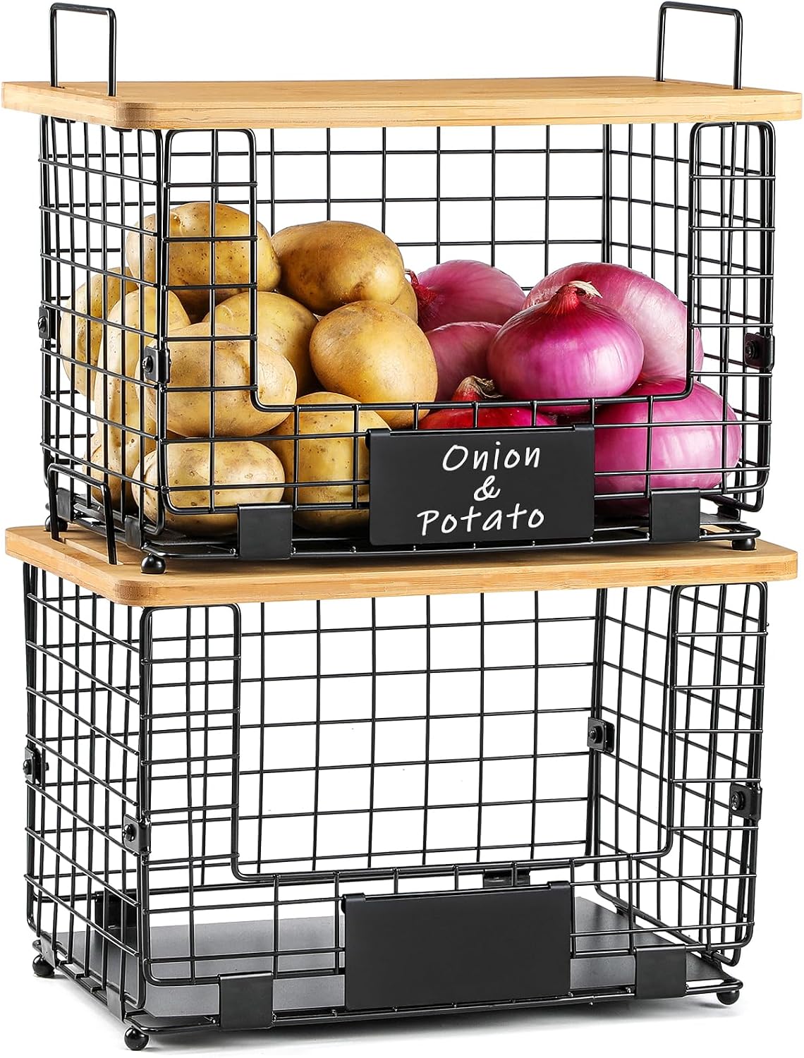 Detalle de 2 Set XL Stackable Wire Basket with Bamboo Tops & Tags – Pantry Organizer and Storage Bins