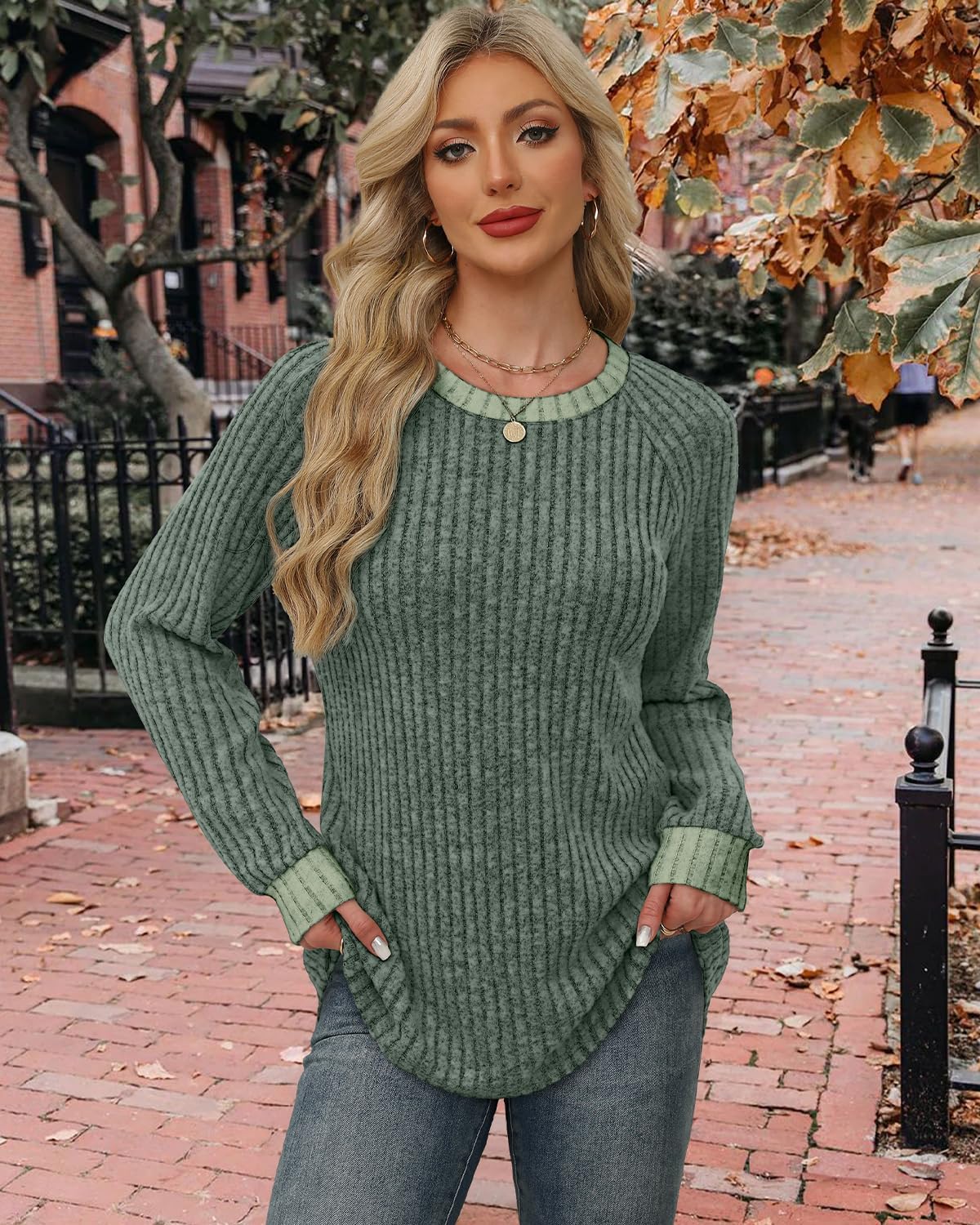 Thumbnail 3 de WIHOLL Long-Sleeve Crewneck Sweatshirt for Women, Lightweight Colour-Block Design