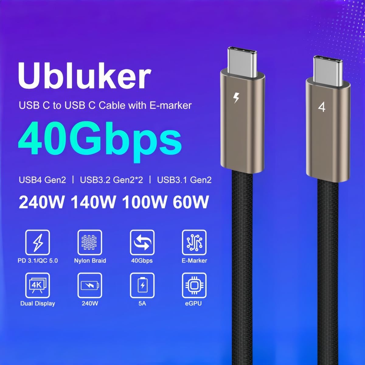 Thumbnail 1 de Ubluker USB C to USB C Cable 40Gbps 3M: Versatile USB4/Thunderbolt 4 Cable for Power, Video and Data