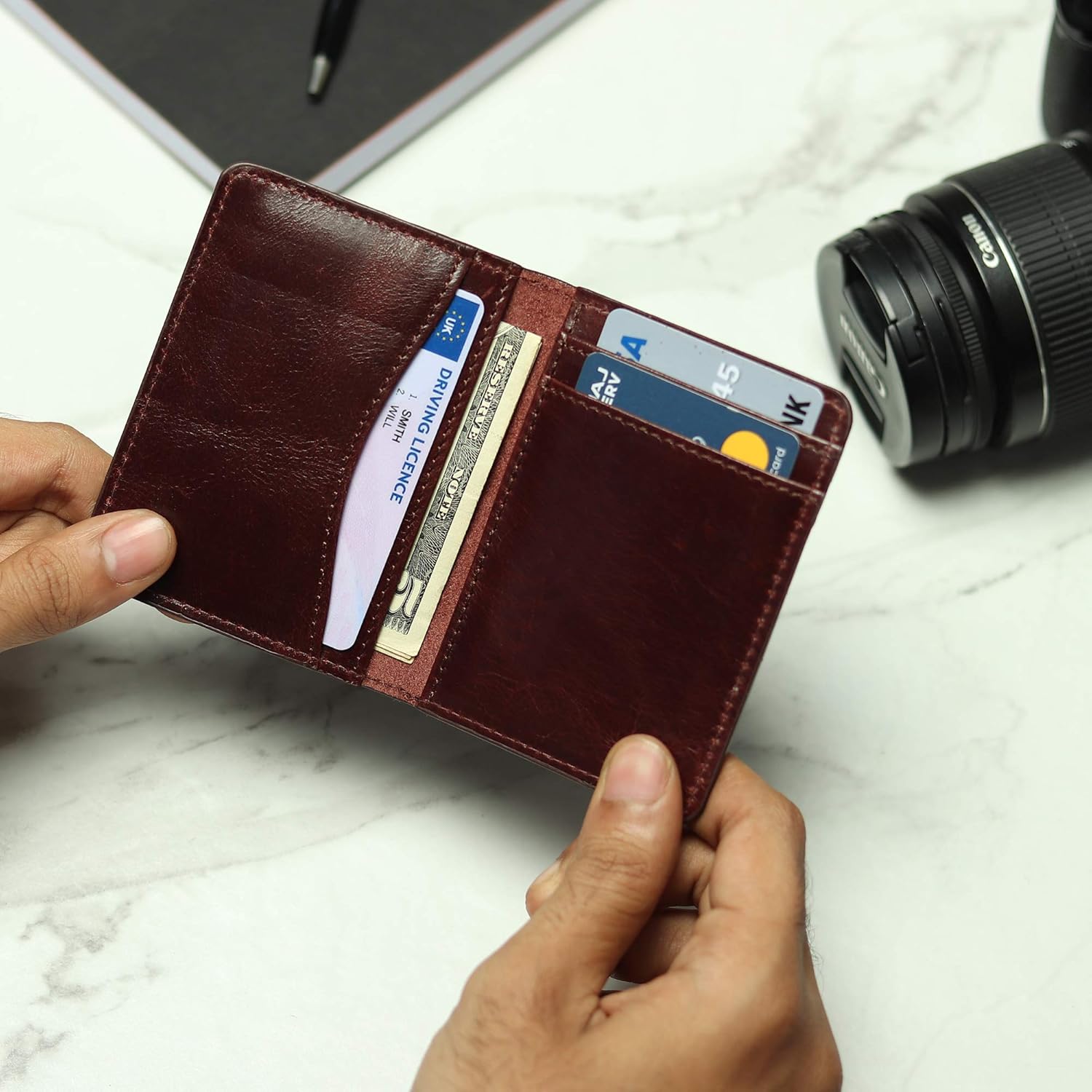 Detalle de FOXHACKLE Leather RFID Blocking Card Wallet – Slim Front Pocket Bifold