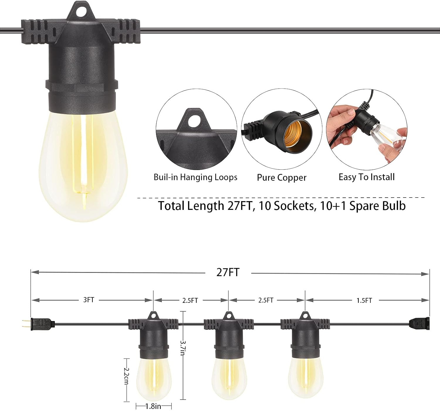 Thumbnail 1 de alitade 2 Pack x 27Ft Outdoor String Lights, S14 LED, IP65 Waterproof, Connectable, Warm White