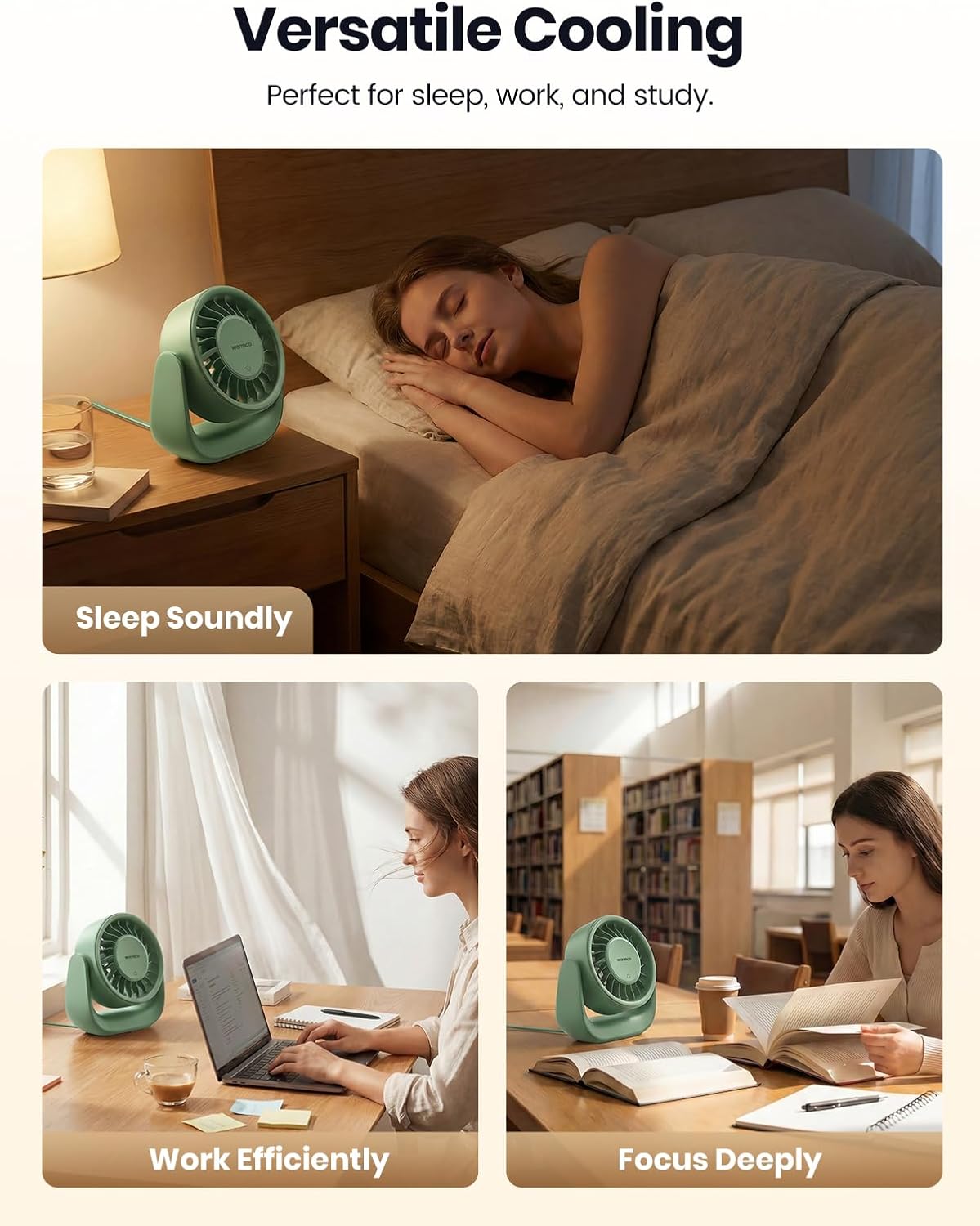 Detalle de Warmco USB Desk Fan DS1: 3-Speed, 2-in-1 USB-A & USB-C, 120° Tilt, No Battery
