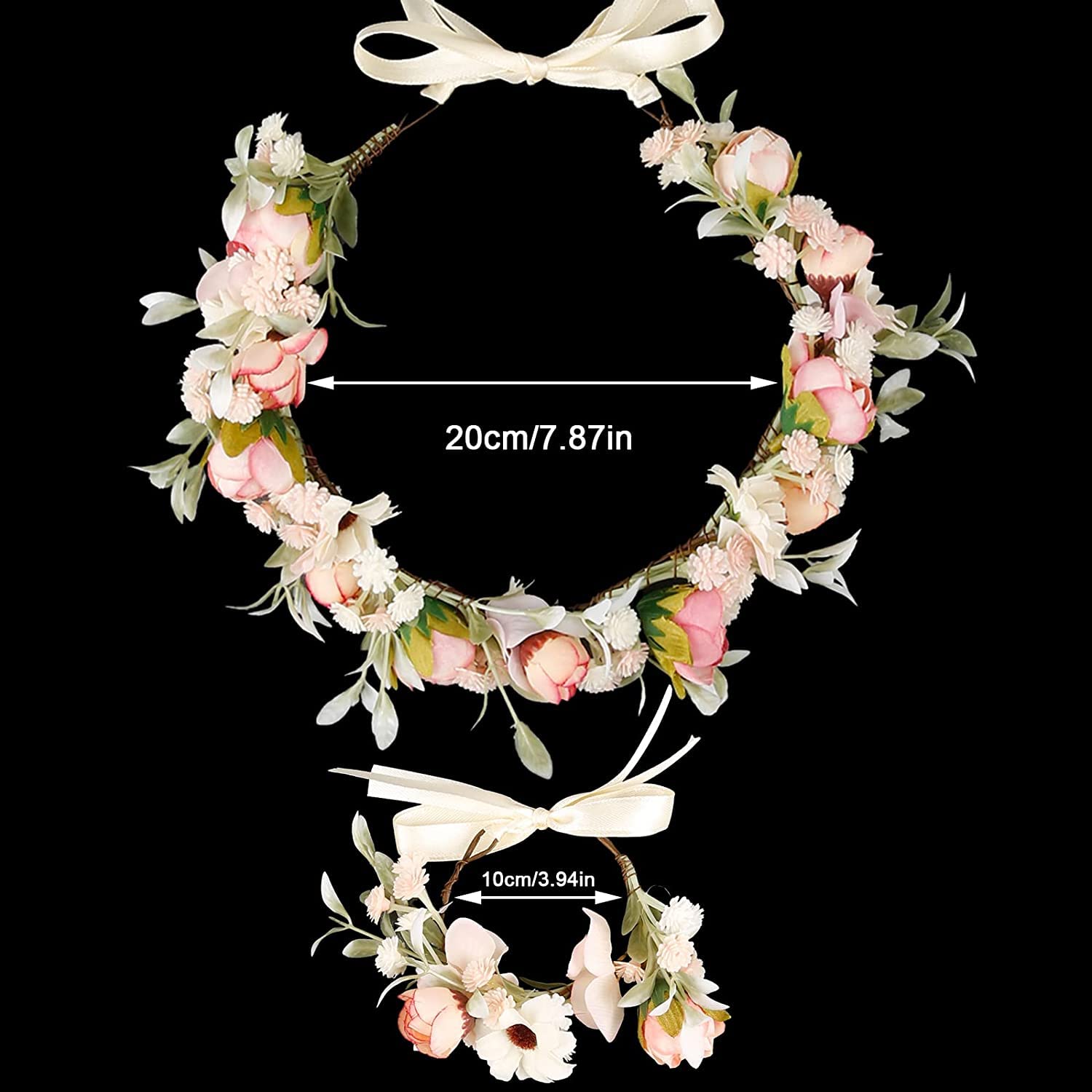 Thumbnail 6 de Hochzeitsgirlande Blumenkranz für Damen (rosa) – verstellbares Haarband mit Armband-Set