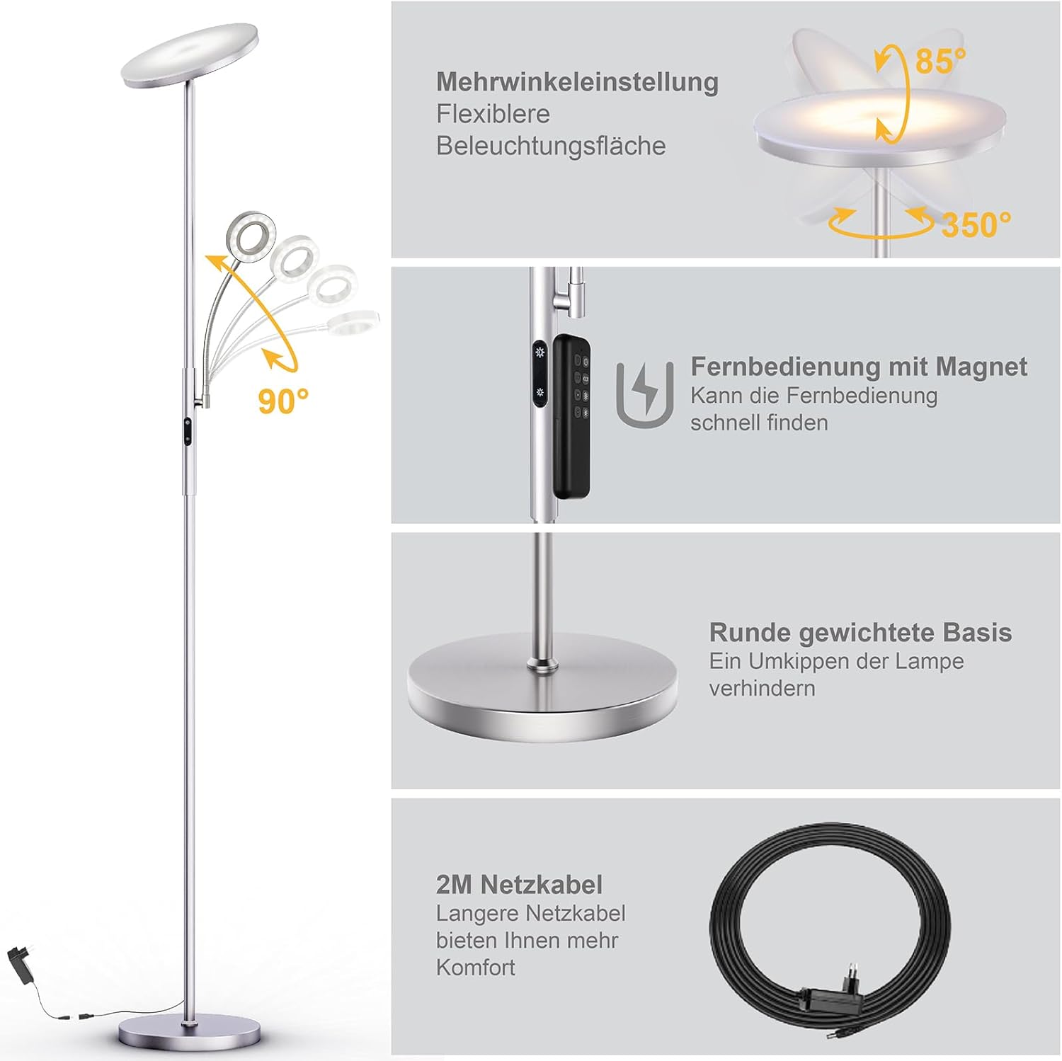 Detalle de Modlicht 35W Stehlampe LED Dimmbar Silber – 4200LM, 4 Farbtemperaturen, Fernbedienung & Touch-Steuerung