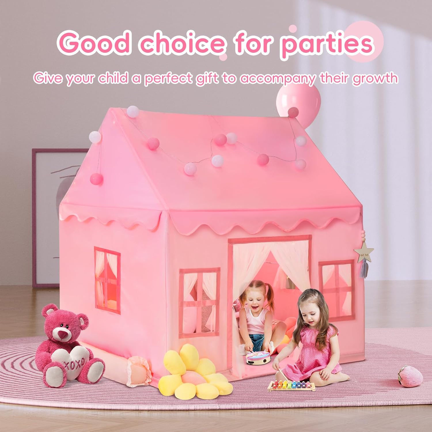 Thumbnail 5 de RONGFA Large Kids Tent Playhouse with Padded Mat and Star Lights (Pink)