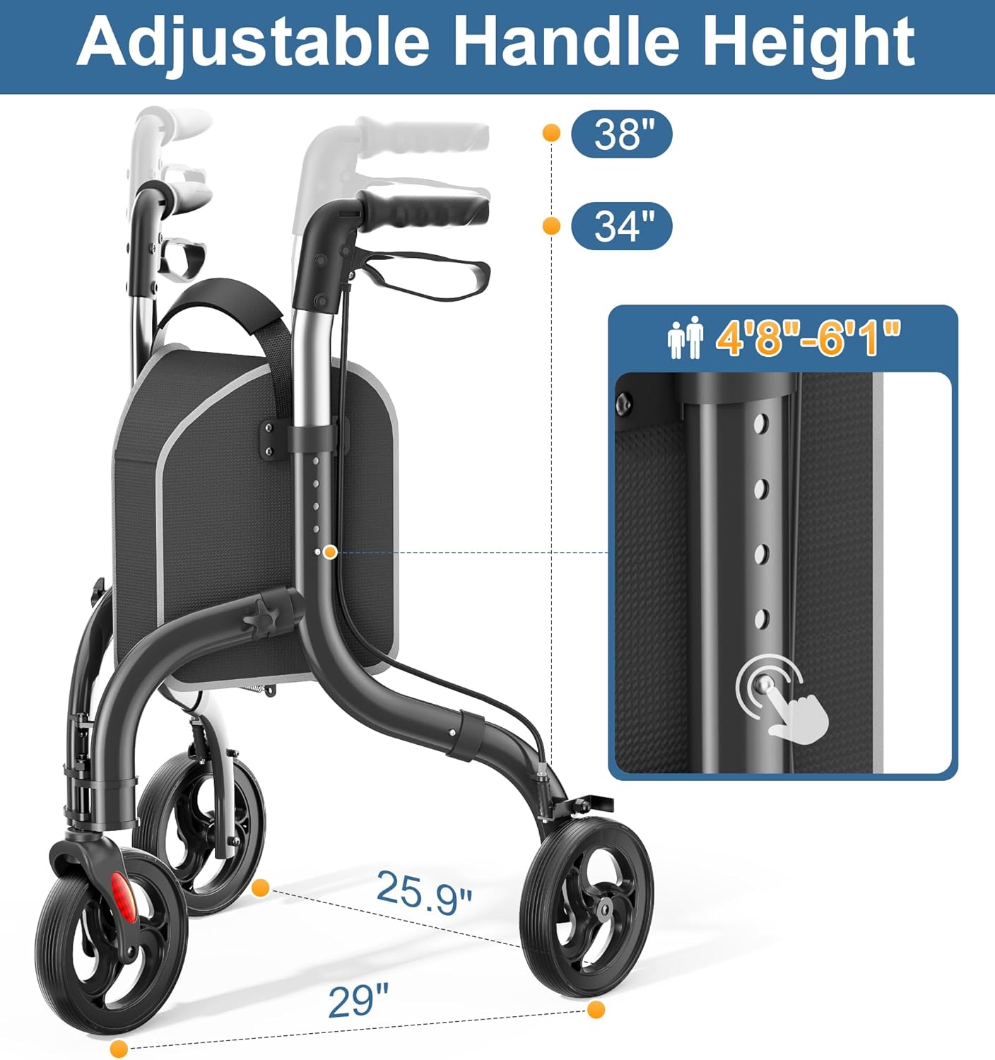 Detalle de HOMLAND 3 Wheel Walkers for Seniors — Lightweight, Foldable Aluminum Rollator with Removable Storage Bag