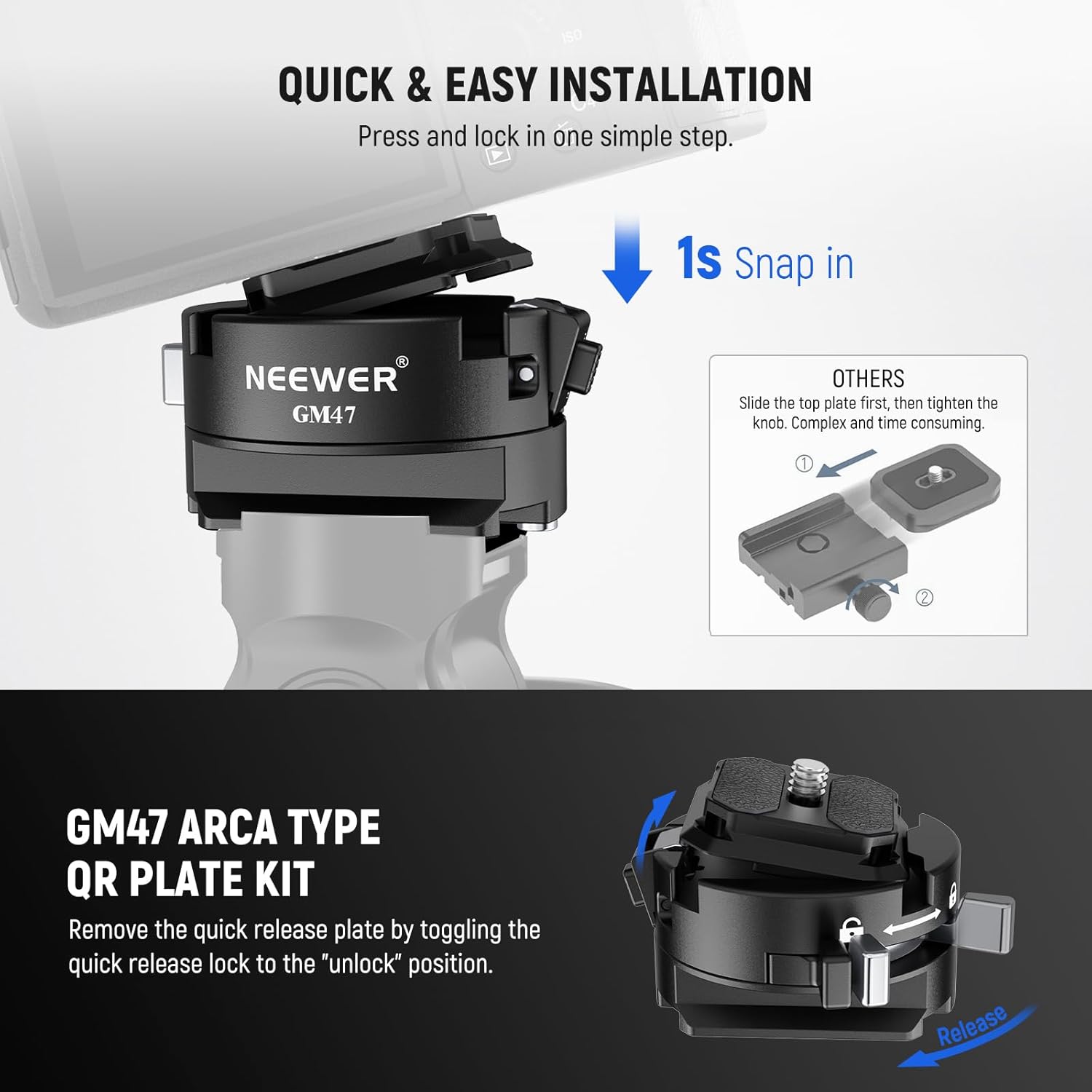 Thumbnail 3 de Neewer GM47 Kit piastra QR a sgancio rapido con base a morsetto tipo Arca e compatibilità Peak Design Capture V3