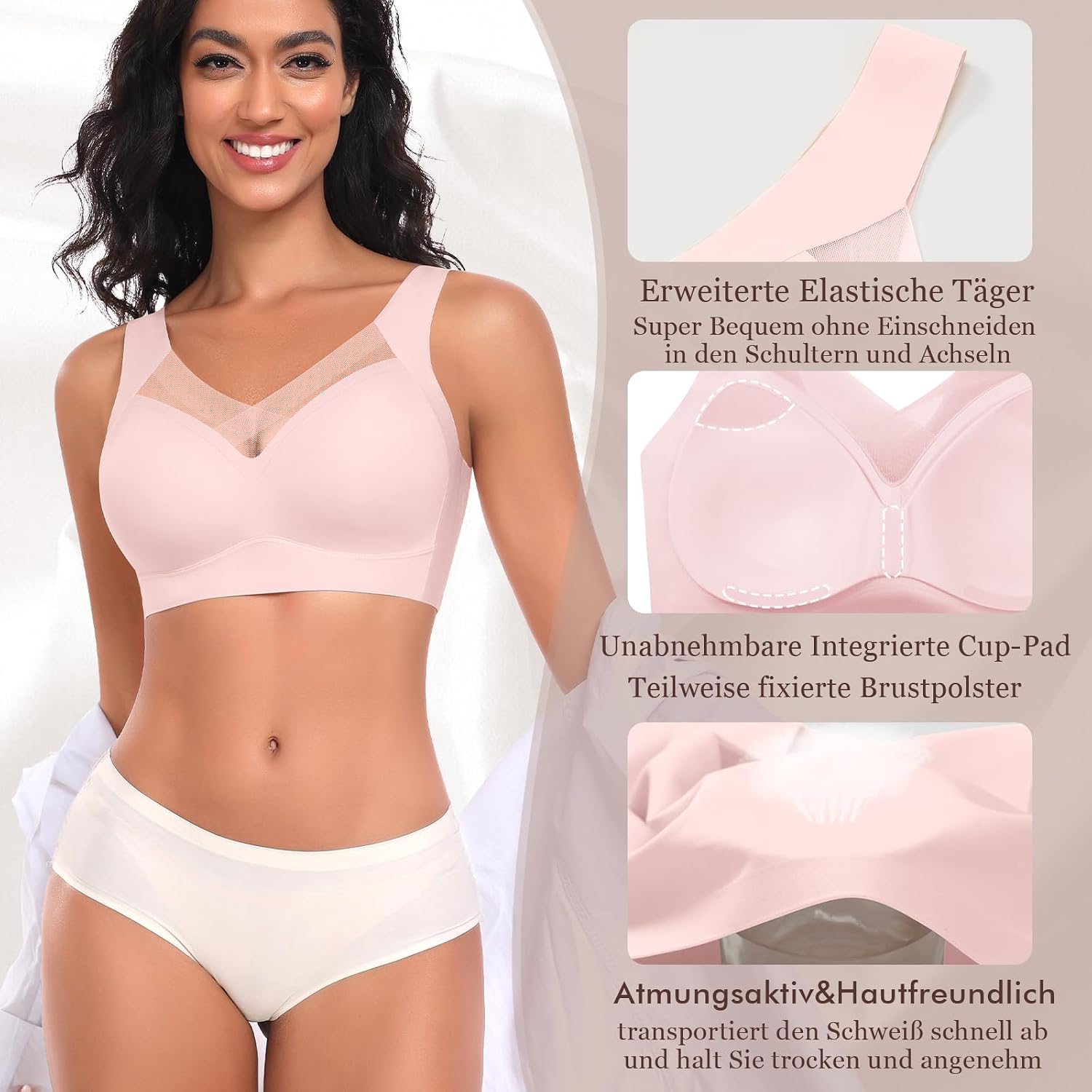 Detalle de Damen BH Ohne Bügel Nahtloser Bequemer BH – Weicher, glatter Bralette mit abnehmbaren 3D-Cups