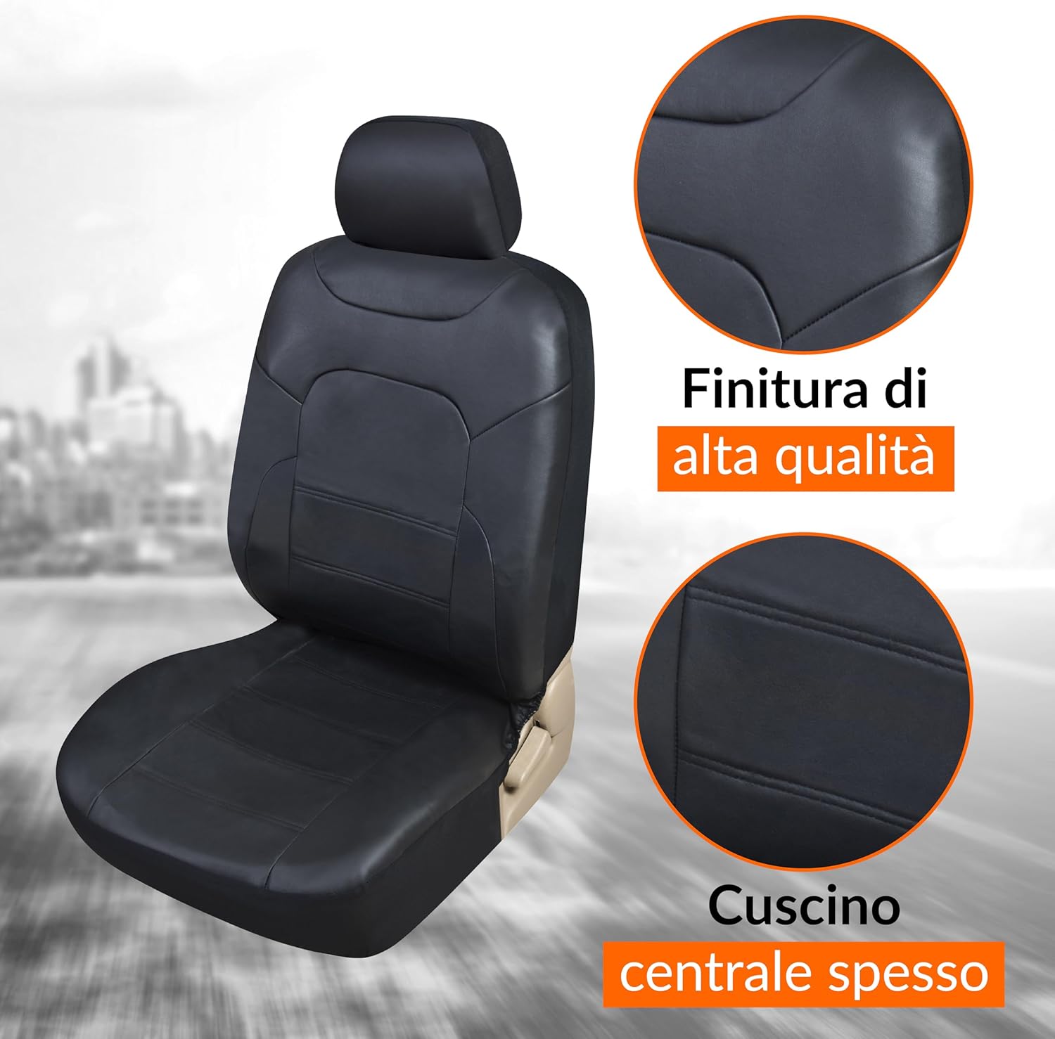 Detalle de Upgrade4cars Coprisedili auto universali in ecopelle nero (set completo anteriore e posteriore, 9 pezzi)