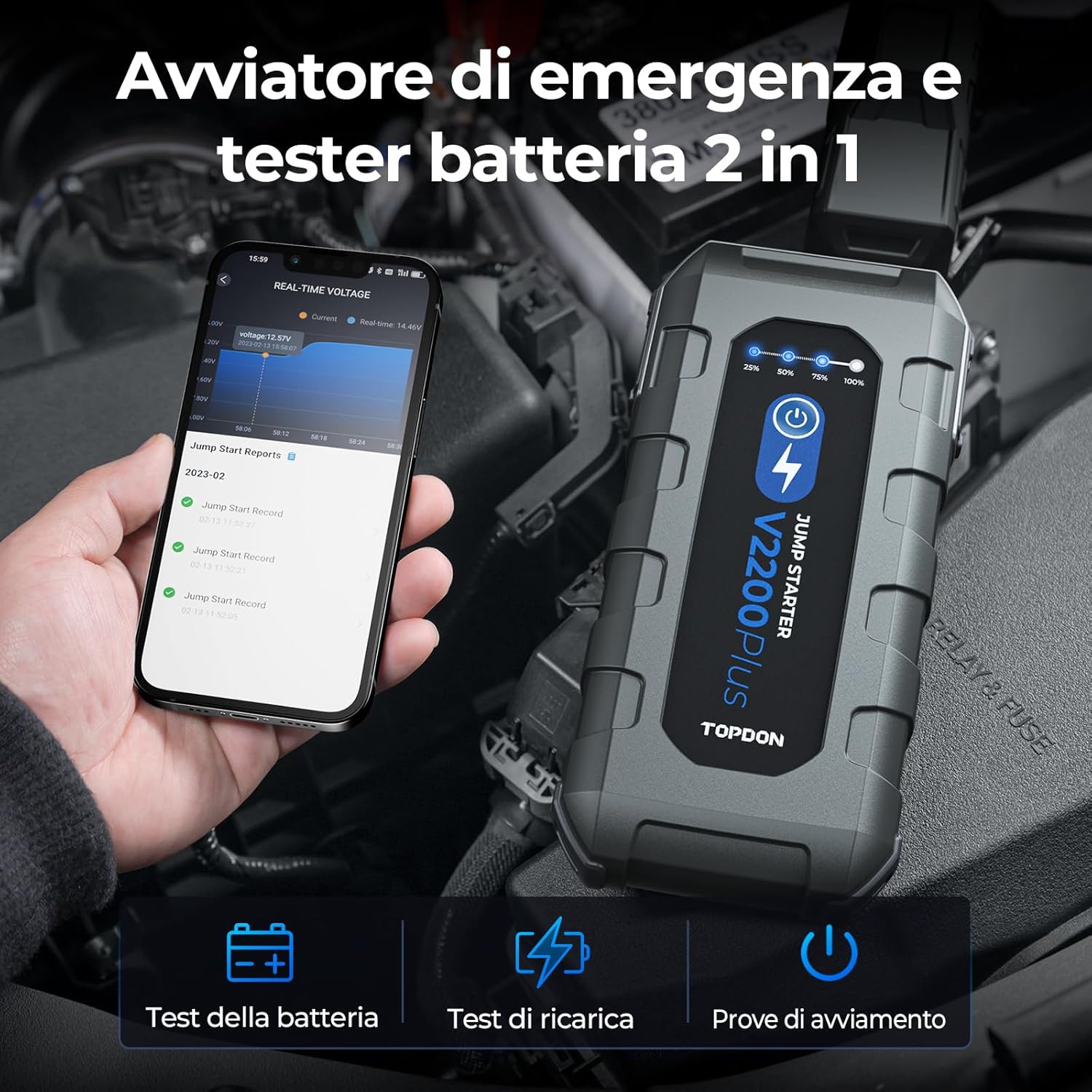Thumbnail 2 de TOPDON V2200Plus avviatore di emergenza e tester batteria 2 in 1 da 12V (2200A)