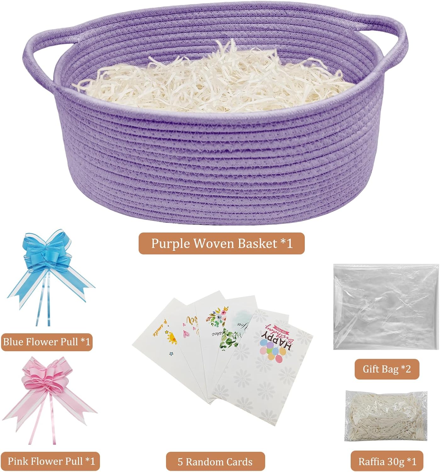 Thumbnail 1 de Gift Baskets Empty: 1 Pcs Woven Rope Hamper with 2 Clear Bags and 2 Drawstring Bows (Purple)