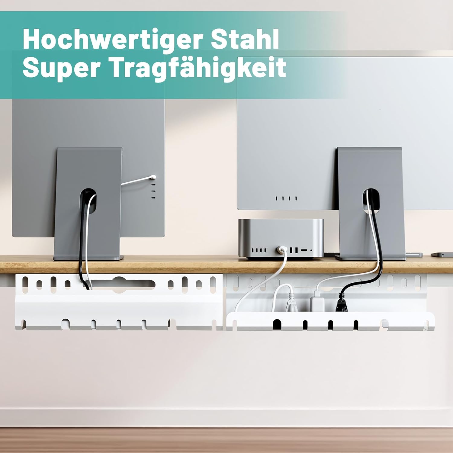 Detalle 2 de Kabelkanal für den Schreibtisch (ohne Bohren), 2er-Set in Weiß – Kabelmanagement zum Verlegen und Verdecken von Kabeln