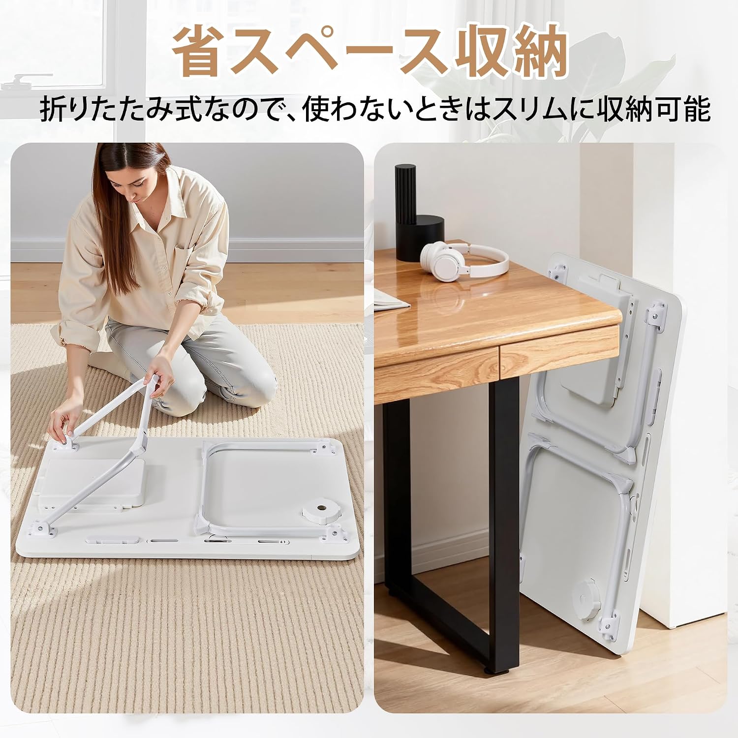 Detalle 1 de VECELO KHD-FT16-WHT-60-JP 折りたたみローテーブル 幅60cm USBポート・引き出し付き ホワイト