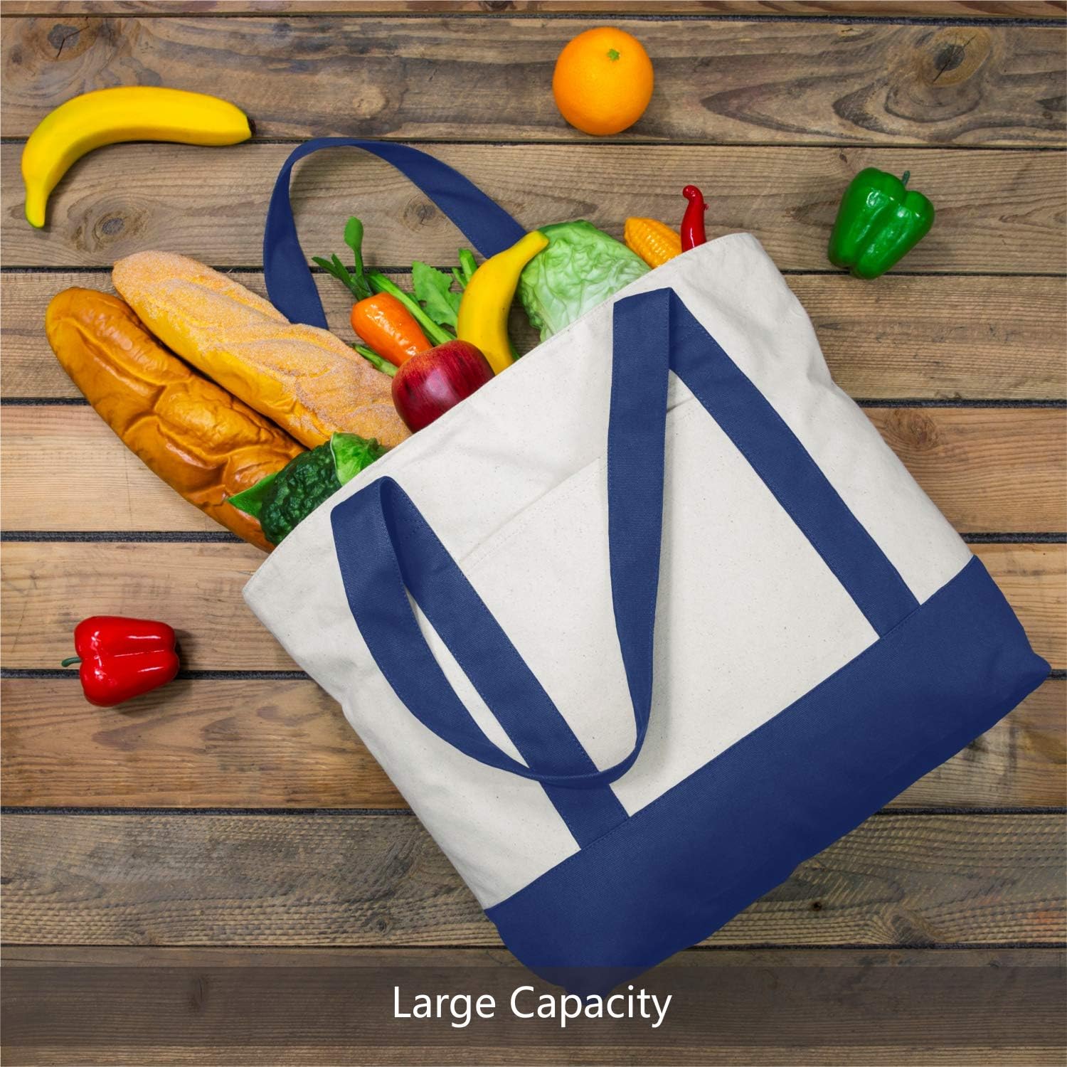 Thumbnail 3 de TOPDesign 30-Pack 12oz Cotton Canvas Reusable Grocery Bags with Exterior Pocket and Top Zipper (Blue/Natural)