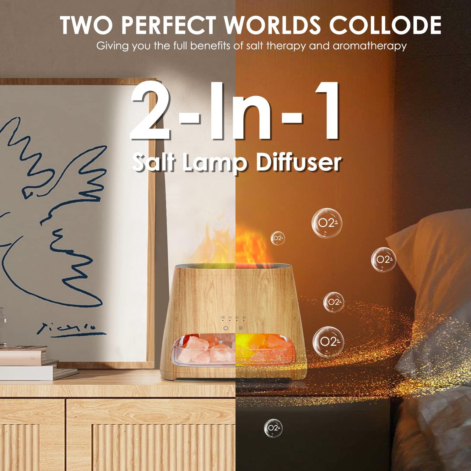 Detalle de SALKING 2-in-1 Aroma Diffuser & Salt Range Pakistan Lampe mit Flammeneffekt, 150 ml (Holz)