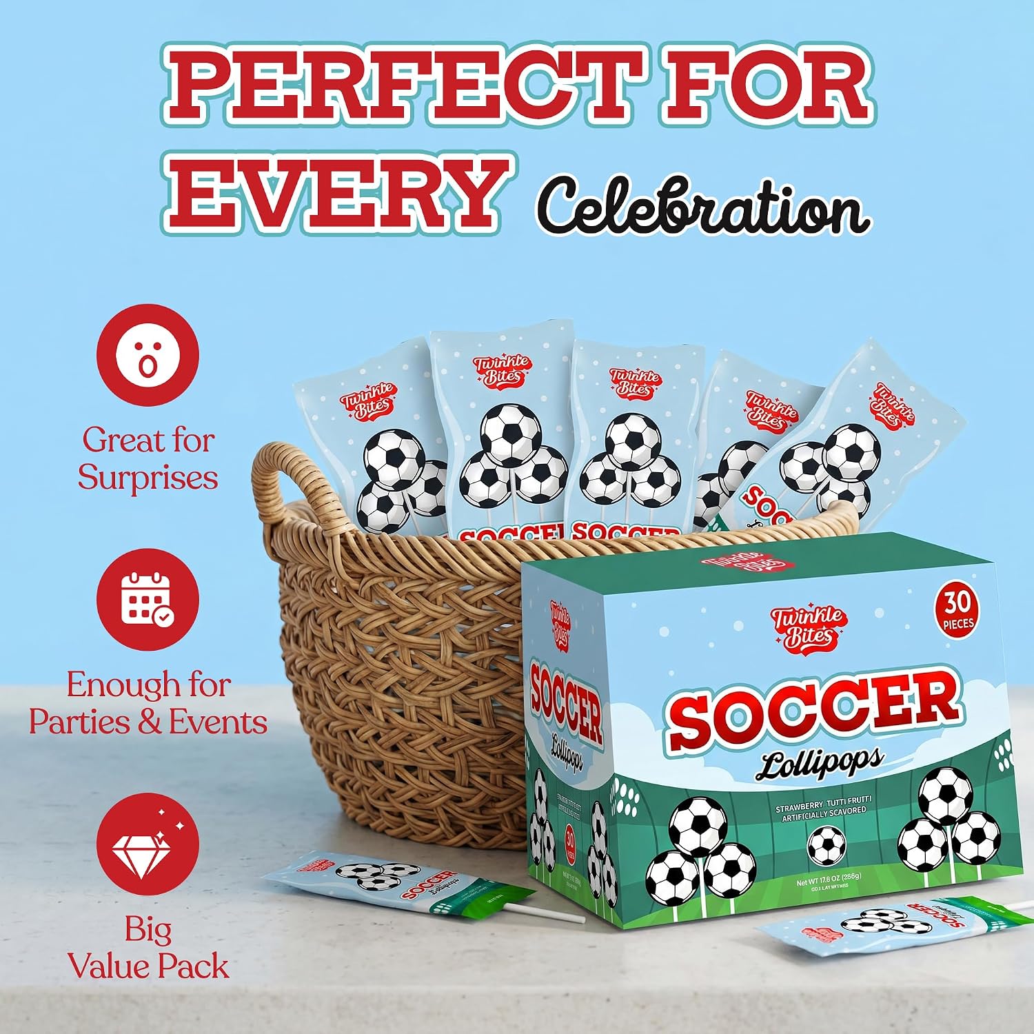 Thumbnail 5 de Twinkle Bites Soccer Lollipops, 50-Pack Individually Wrapped Strawberry and Tutti Frutti Candy