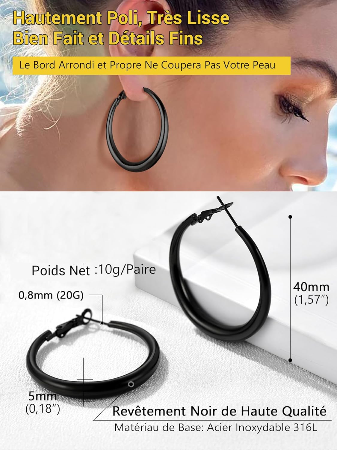Thumbnail 4 de PROSTEEL Créoles femme en acier inoxydable 316L 40 mm / 60 mm / 80 mm avec finition noire