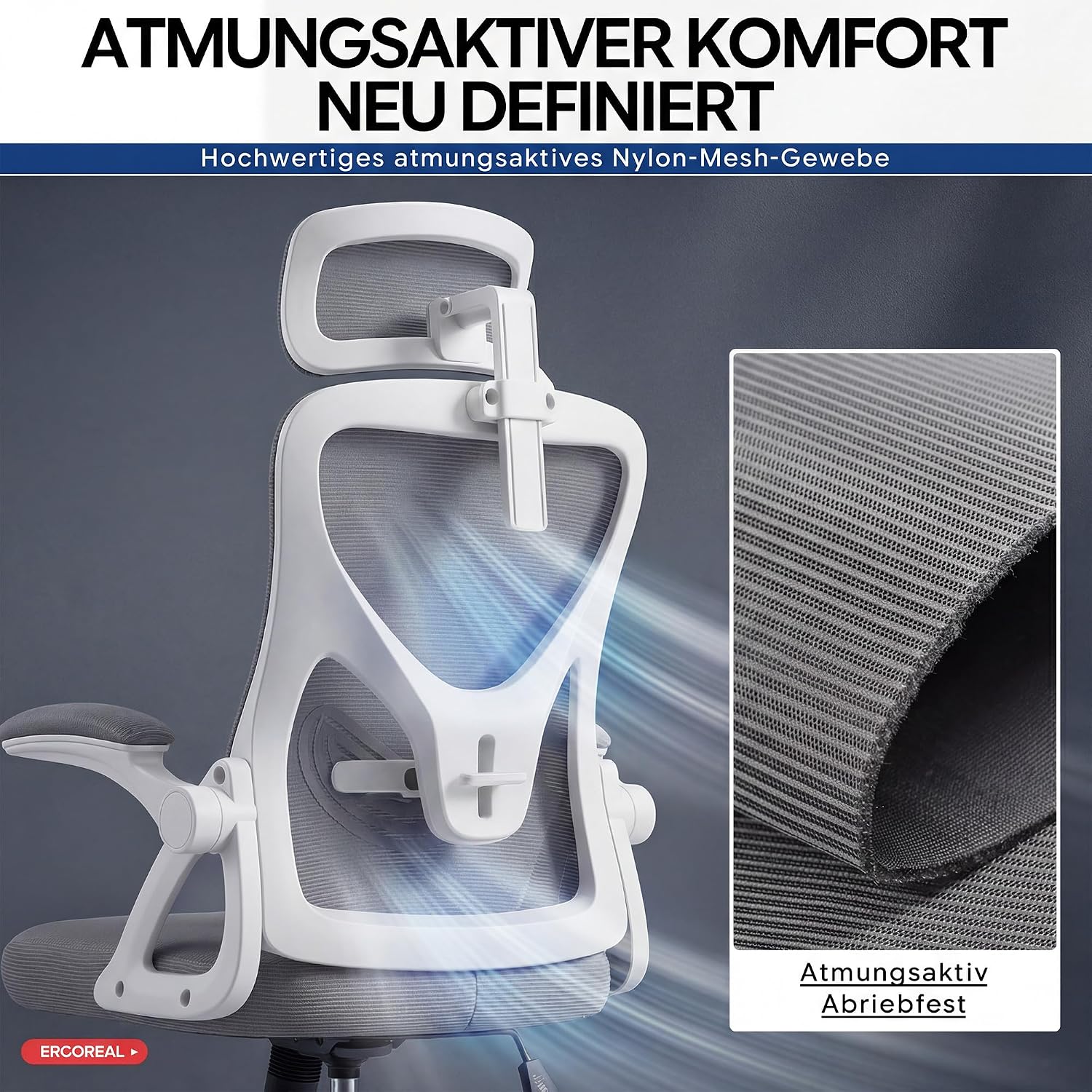 Thumbnail 6 de Ergoreal Ergonomischer Mesh-Bürostuhl Home Office 25W03 – verstellbare Lendenstütze, 2D Kopfstütze, klappbare Armlehnen, leise PU-Rollen, Klasse-3-Gasfeder