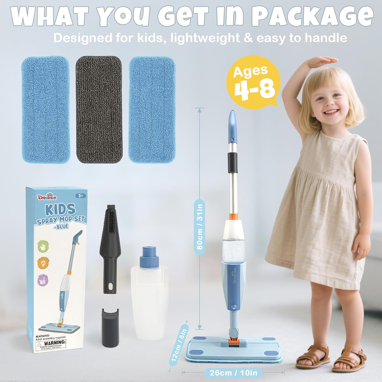 Thumbnail 6 de Dreamon Kids Spray Mop Toddler Cleaning Set (Real Spray Function) with Water Sprayer, 3 Washable Pads & Scraper