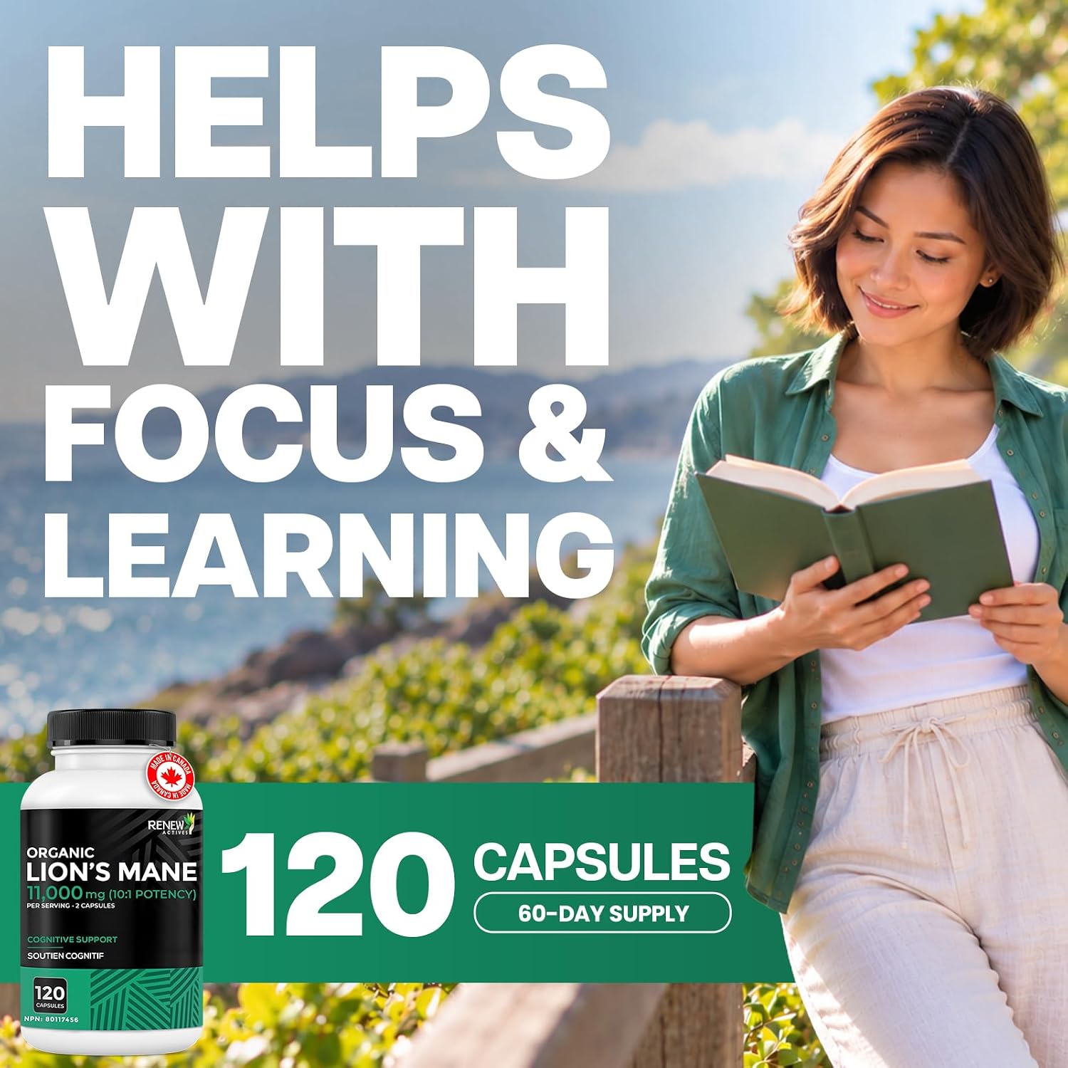 Detalle 2 de Renew Actives Organic Lion’s Mane Mushroom Capsules, 5,500 mg 10:1, 40% Polysaccharides, 240 Count