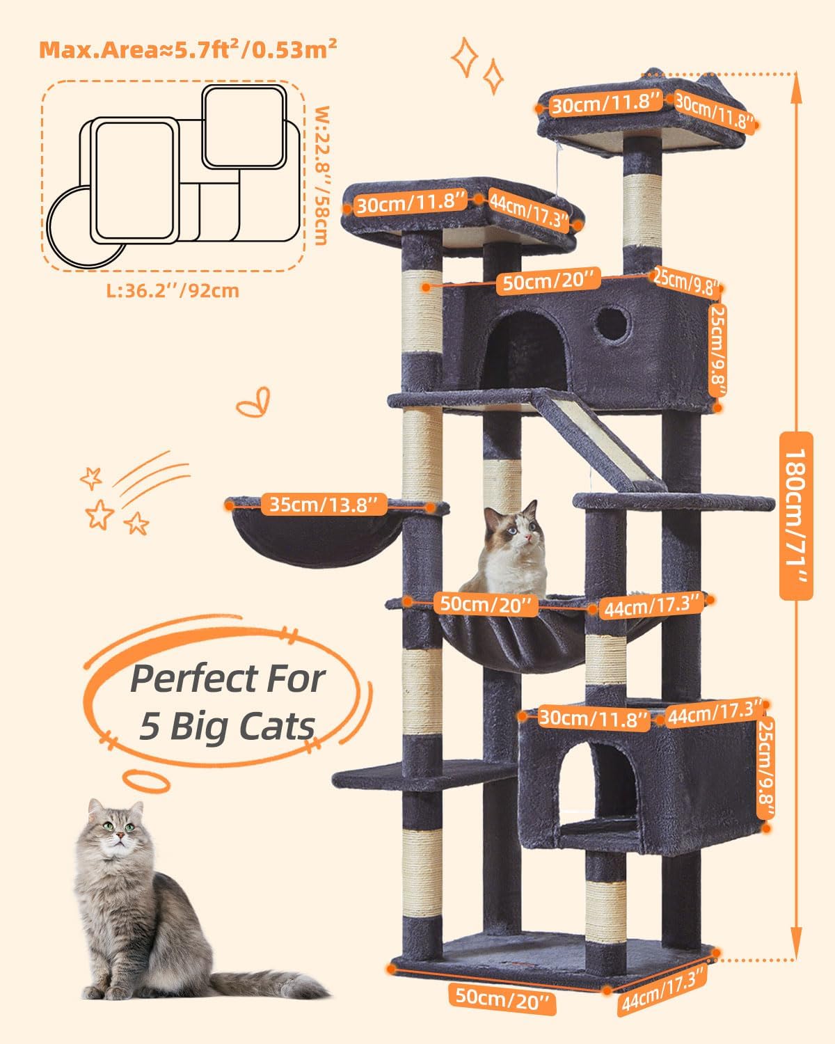 Detalle 2 de Taoqimiao 180cm Cat Tree (MS026LG) with 8 Sisal Scratching Posts, Hammock & 2 Top Perches