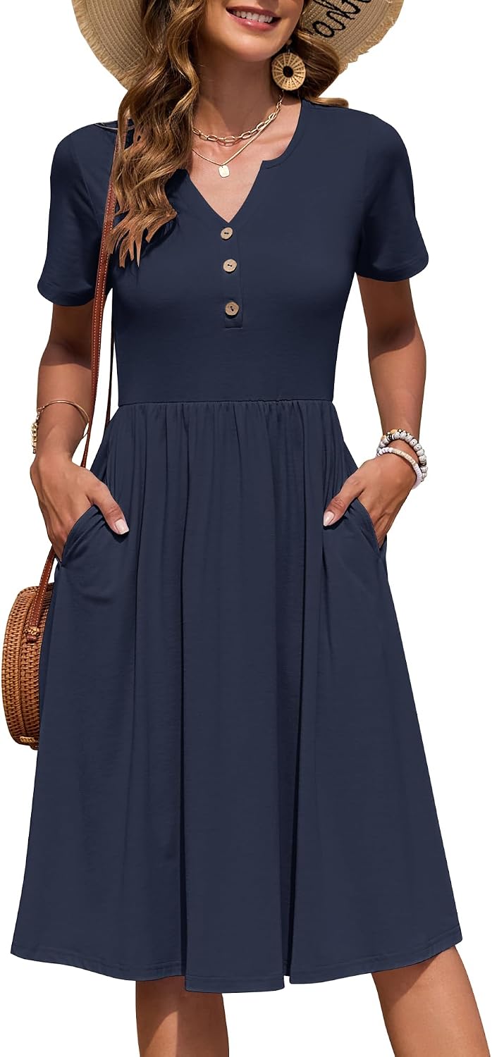 Detalle de AUSELILY Damen Kurzarm Sommerkleid knielang mit V-Ausschnitt und Knöpfen – leichtes Freizeitkleid mit Taschen