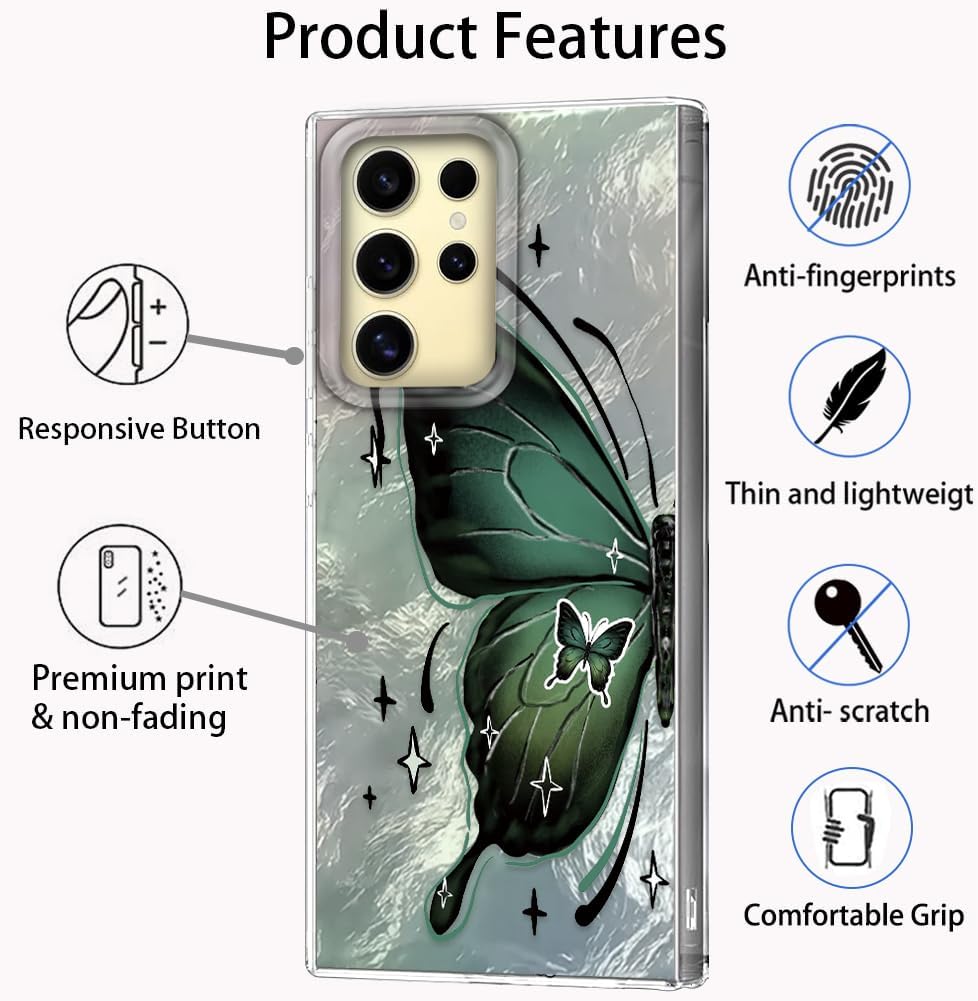 Detalle de Tedyhulle Hülle für Samsung Galaxy S25 Ultra – Weiches TPU-Rahmen, harte PC-Rückseite, Schmetterling Motive
