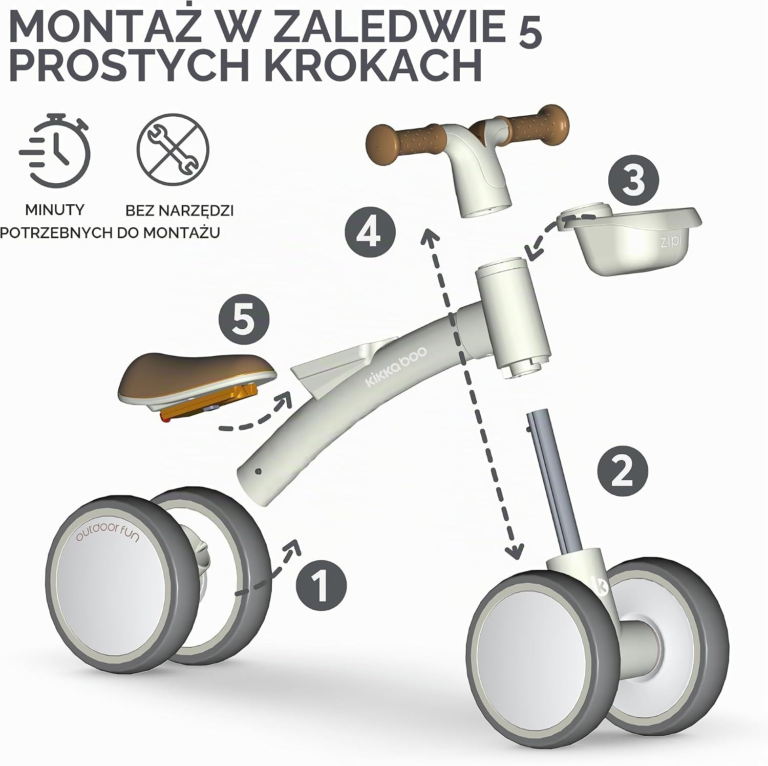 Detalle de KikkaBoo ZIPI – rowerek biegowy bez pedałów z regulowanym siedziskiem i koszykiem