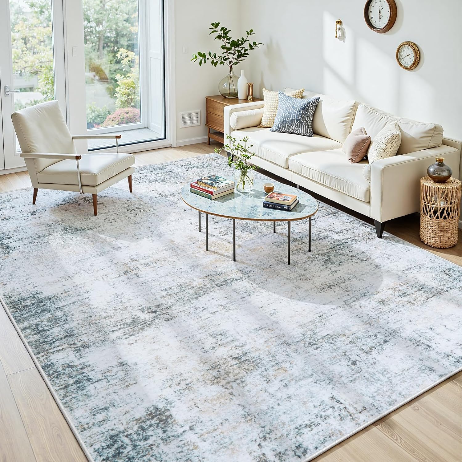 Detalle de Crority 10' x 12' Washable Area Rug, Low-Pile Abstract Blue-Gray Design