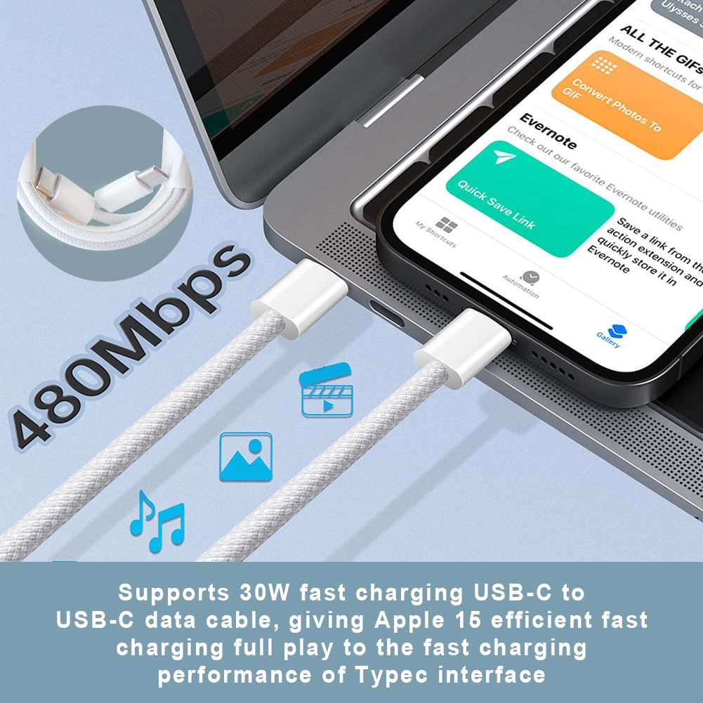 Thumbnail 2 de Honoflux USB C to USB C Cable for iPhone 16/15 — 2 Pack, 60W, 2m Nylon Type-C to Type-C Cables