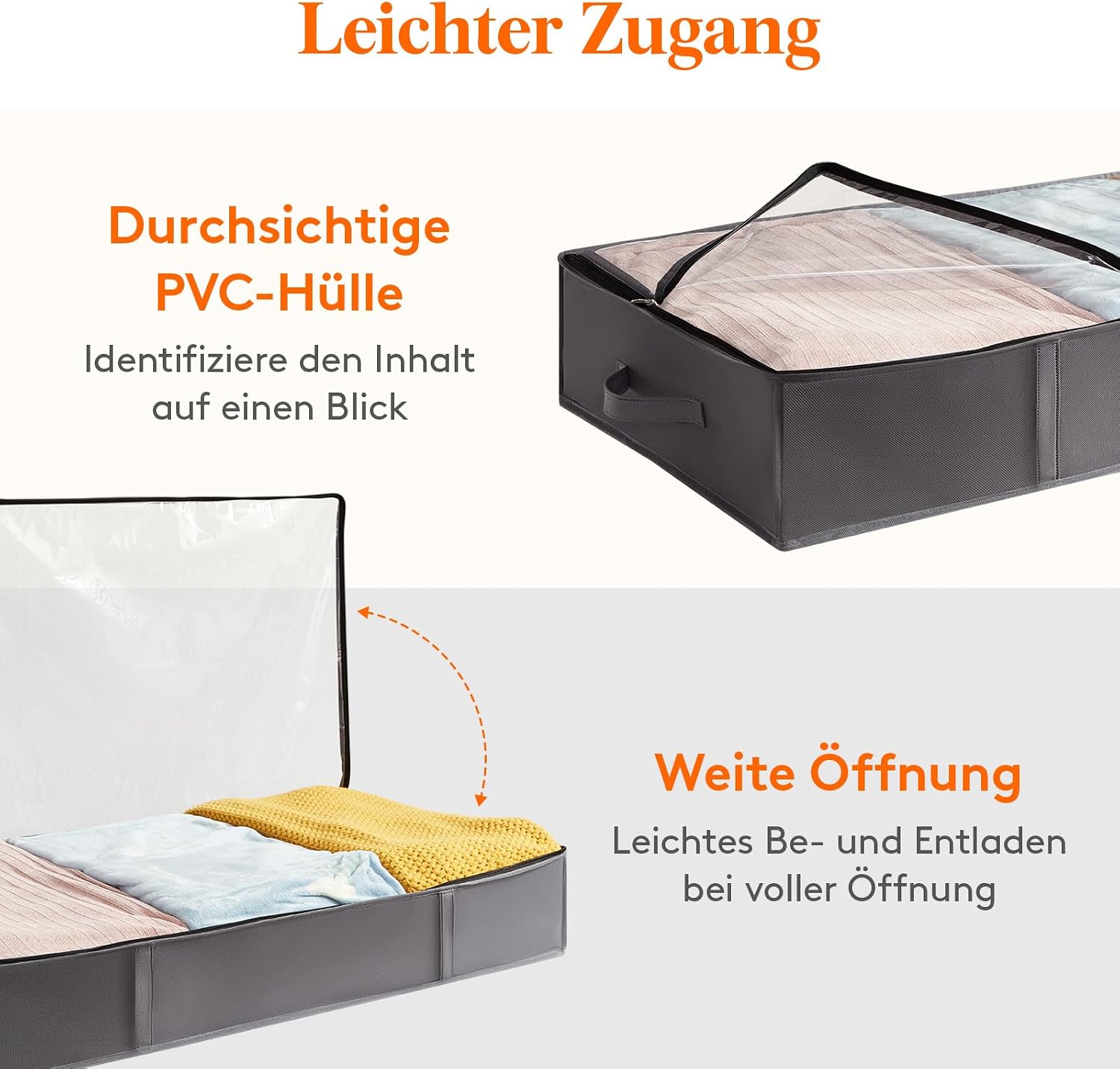 Detalle de Lifewit Aufbewahrungstasche Unterbettkommode (3er-Set, 75L) – faltbar, mit Deckel und transparentem Fenster, grau