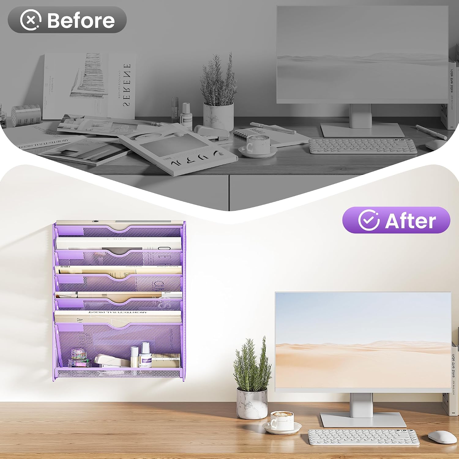 Detalle de SUBEKYU 6-Tier A4 Wall-Mounted File Organiser, Purple Metal Mesh