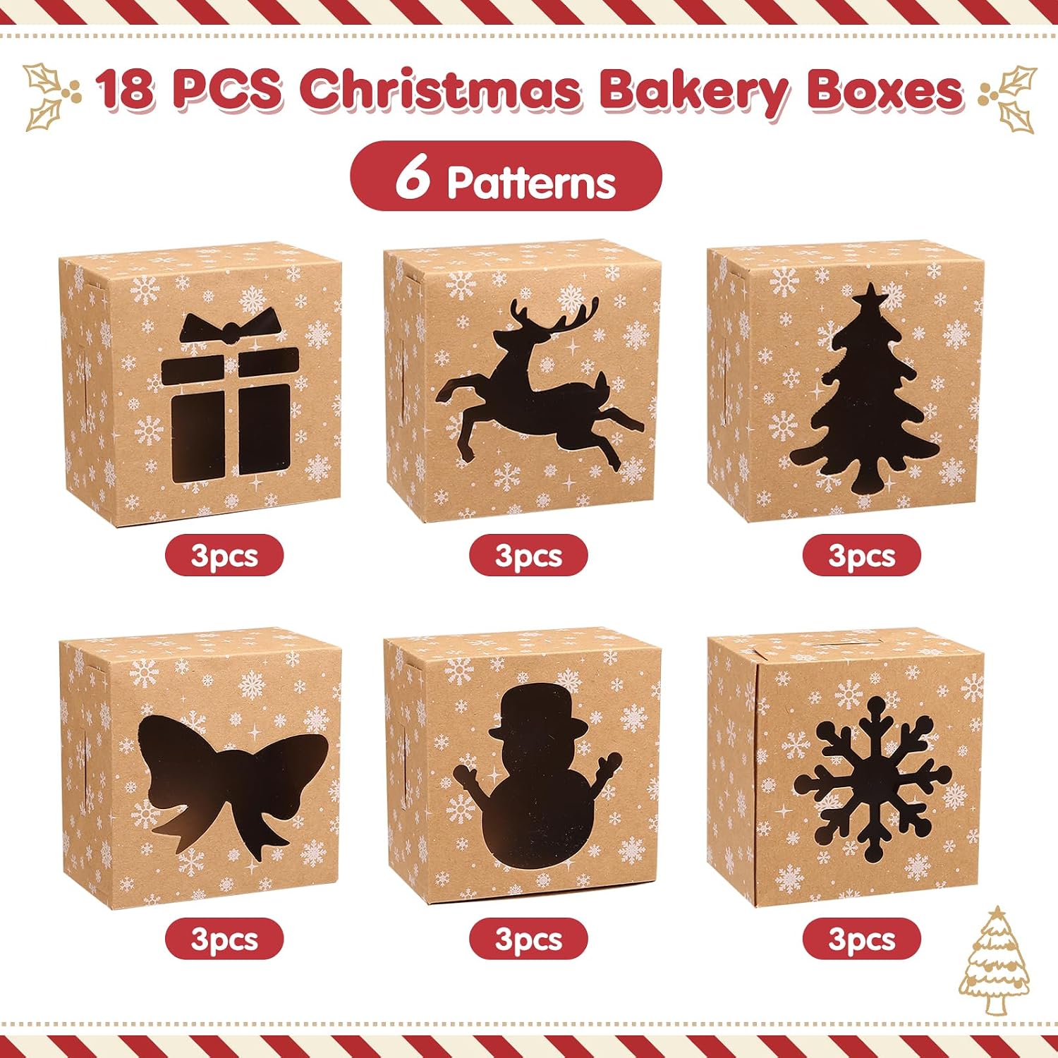 Detalle 2 de Naler 18-Piece Christmas Cookie Boxes with Kraft Paper and Clear PVC Windows