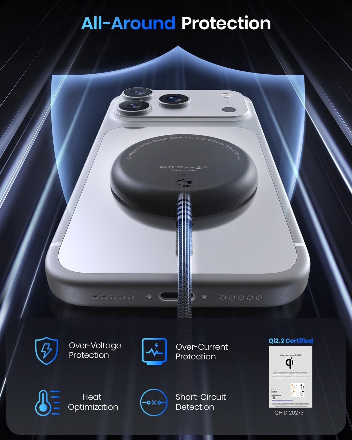 Detalle de Qi2 25W Magnetic Wireless Charger with 5ft Cable – MagSafe Compatibility and 30W Adapter Included
