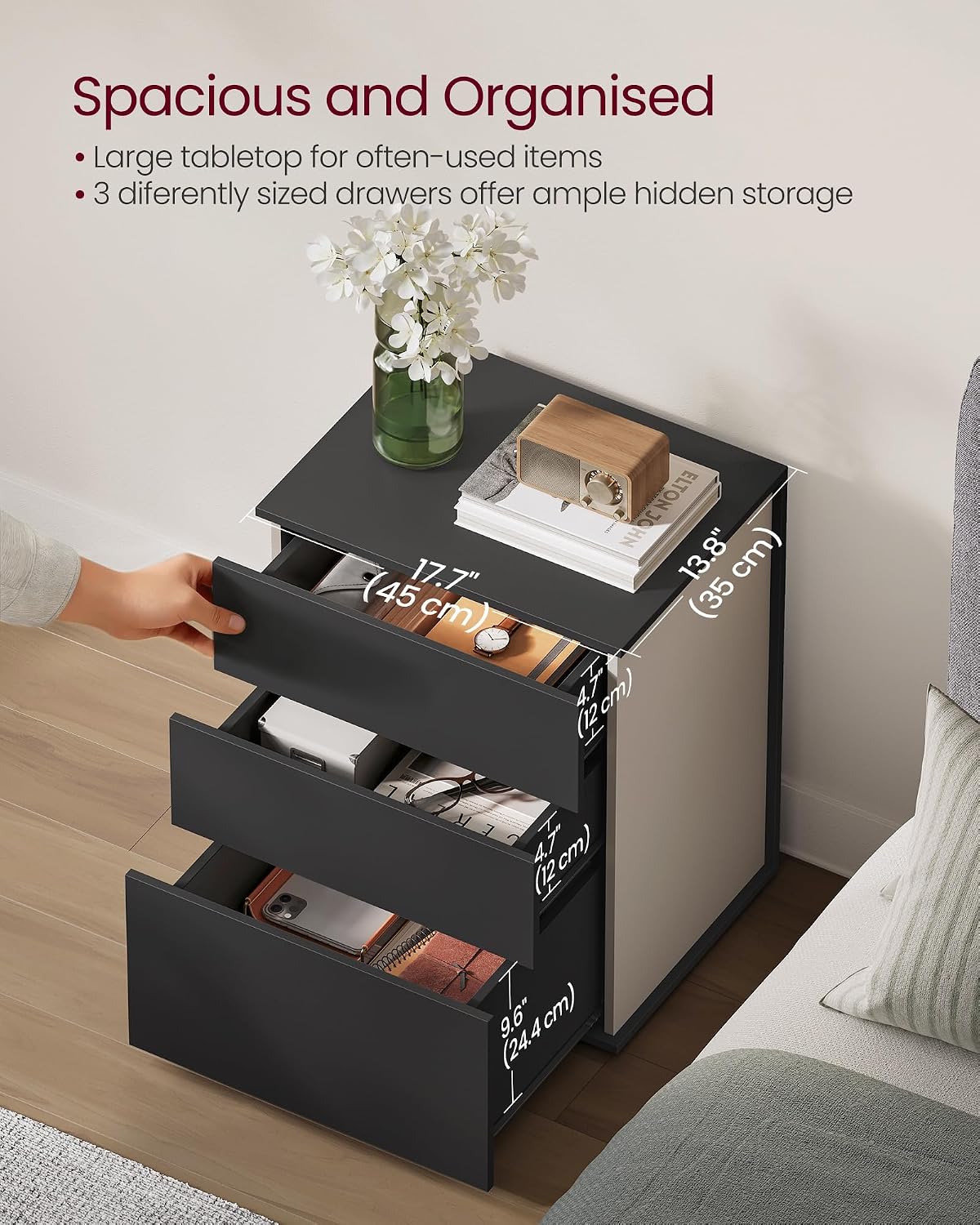 Detalle 2 de VASAGLE LET778B01 bedside table, 3 drawers and tool-free assembly
